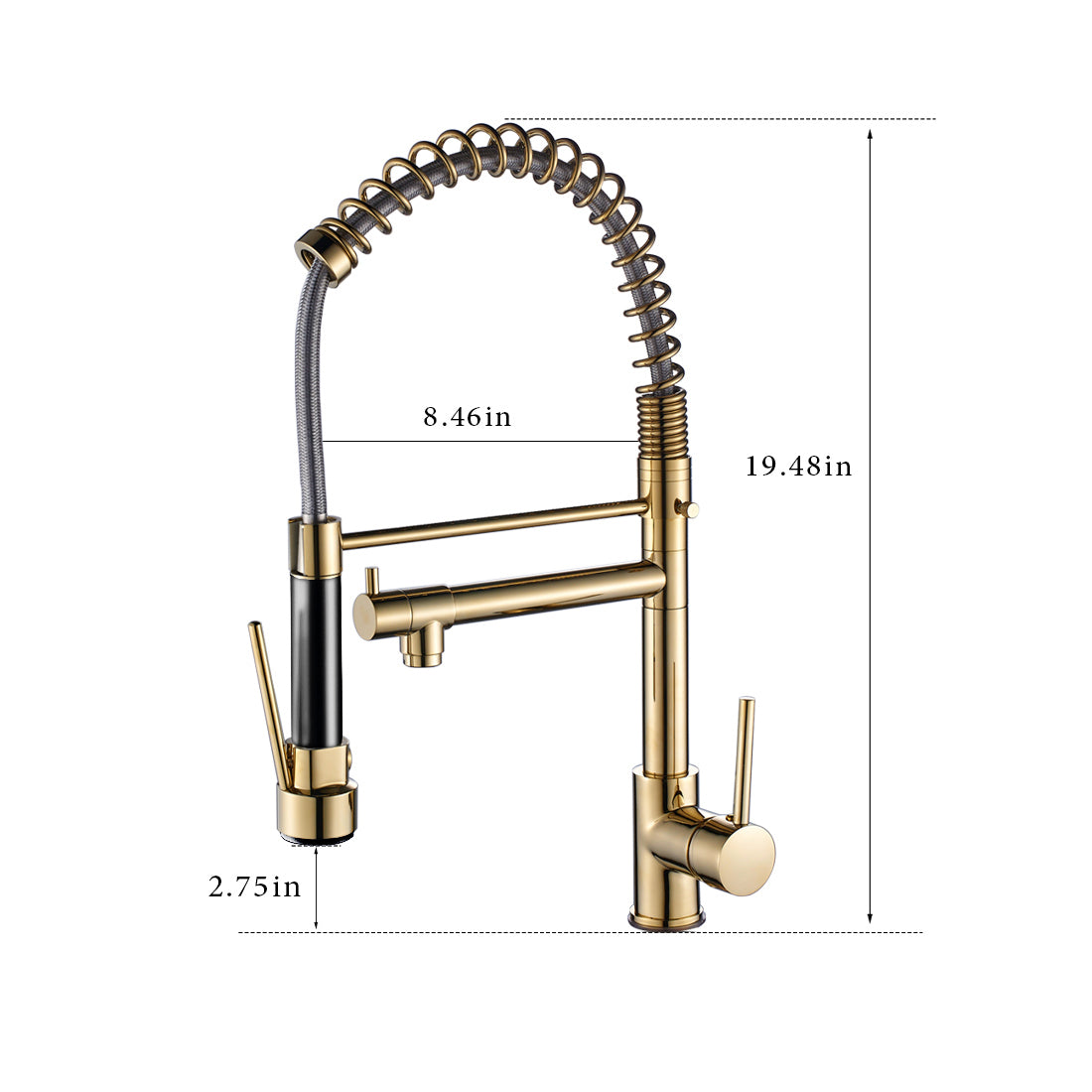 Double Handles Deck Mount Spring Pull Out Sprayer Kitchen Faucet with Clean Water Outlet in Brushed Gold