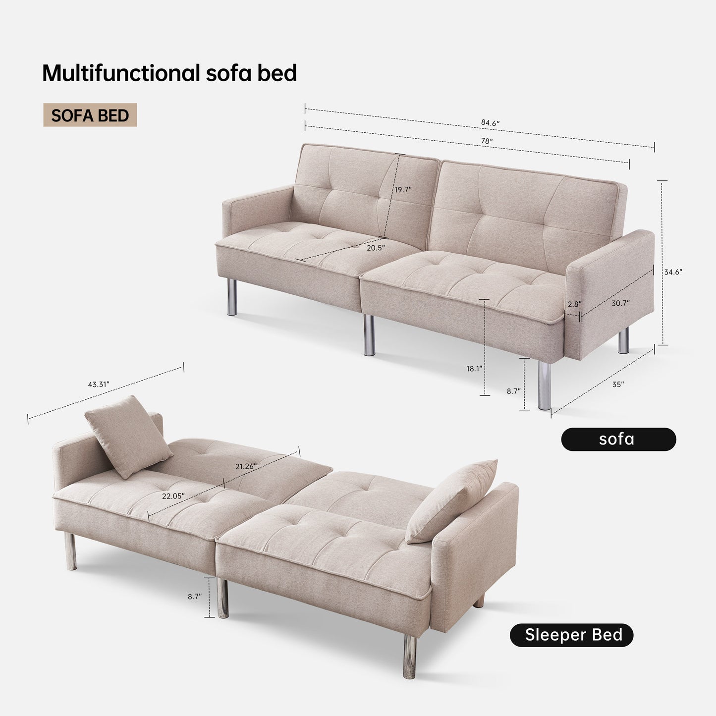 84.6” Extra Long  Futon Adjustable Sofa Bed