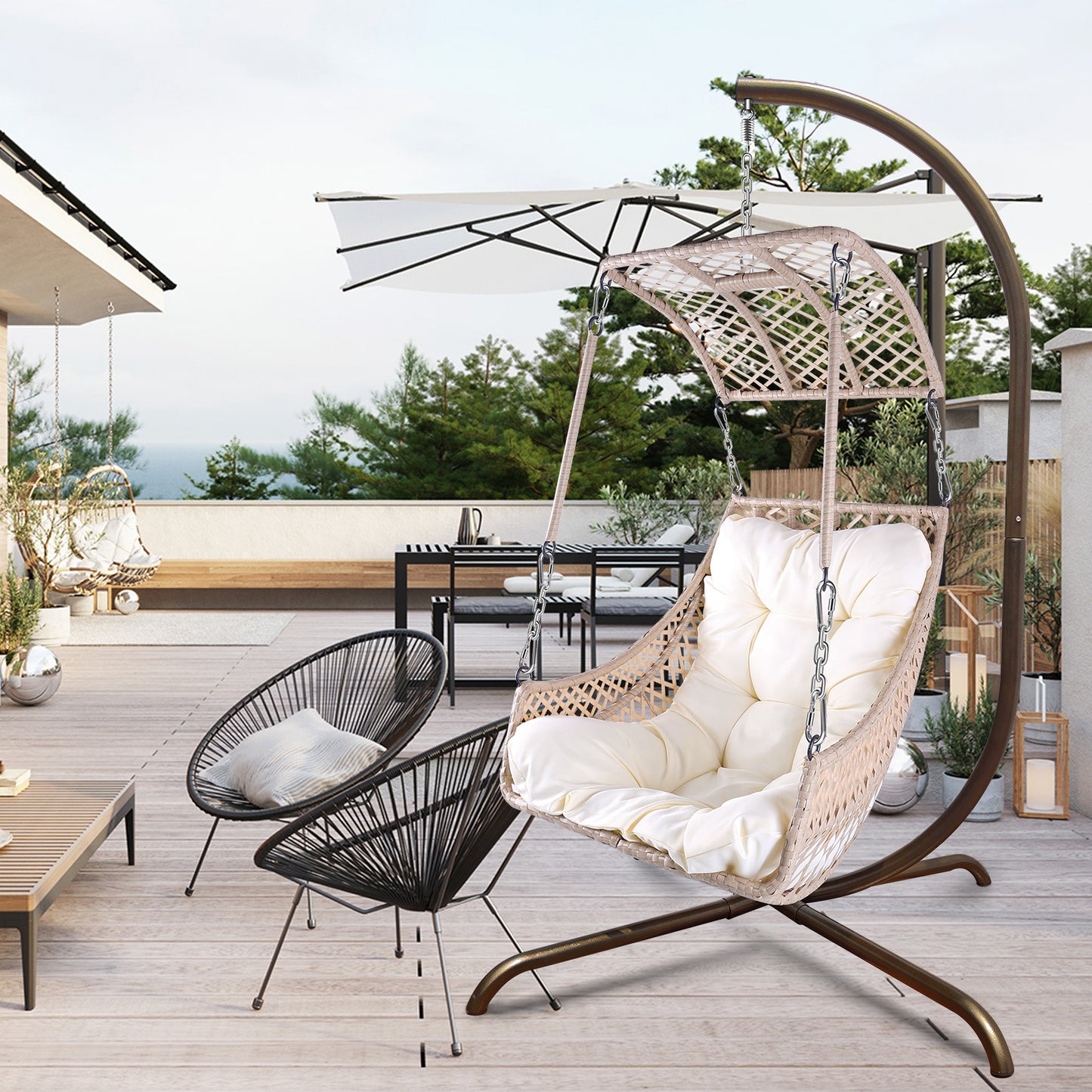 Swing Egg Chair with Stand Indoor Outdoor, UV Resistant Cushion Hanging Chair with Cup Holder, Anti-Rust with Wicker Rattan Frame 350lbs Capacity Hammock Chair for Patio Bedroom-Beige, New Design