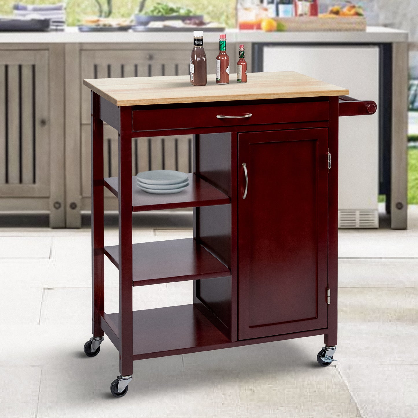 35" Handcrafted Rubberwood Kitchen Island Bar Cart