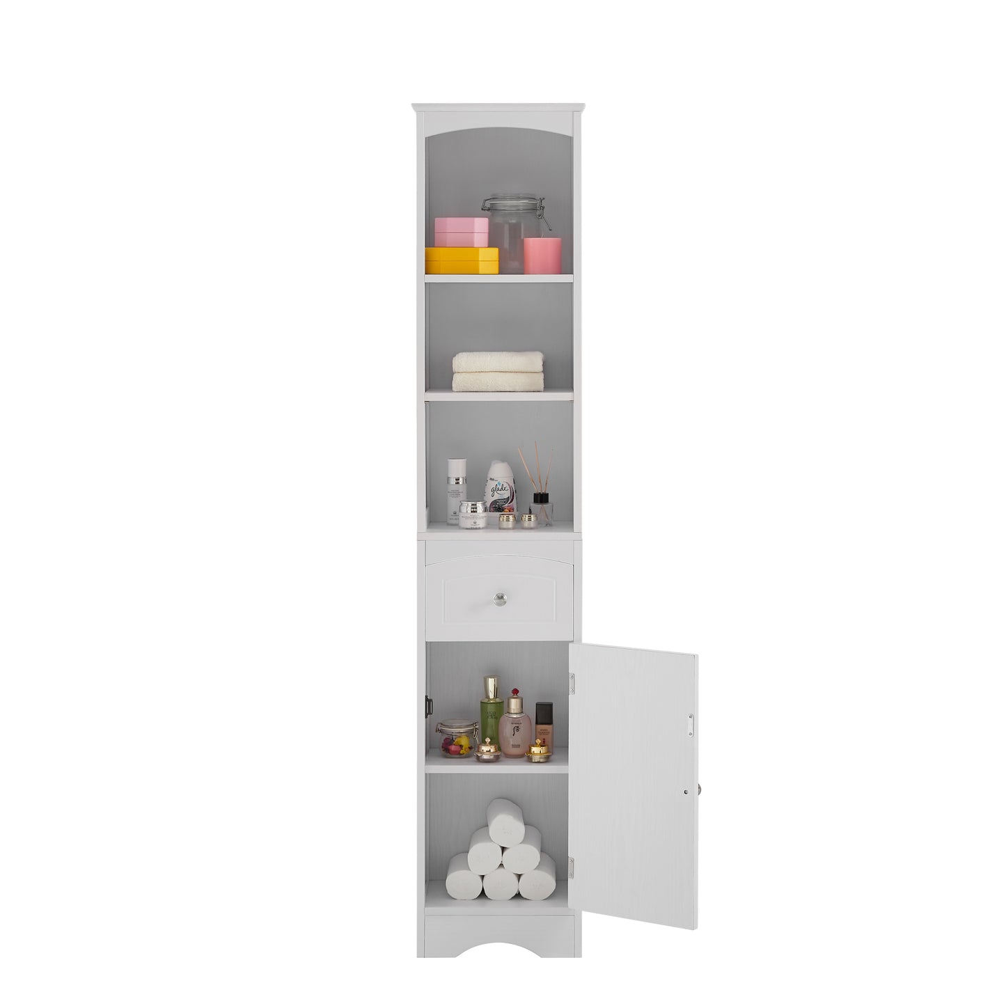 Tall Bathroom Cabinet, Freestanding Storage Cabinet with Drawer, MDF Board, Adjustable Shelf, White