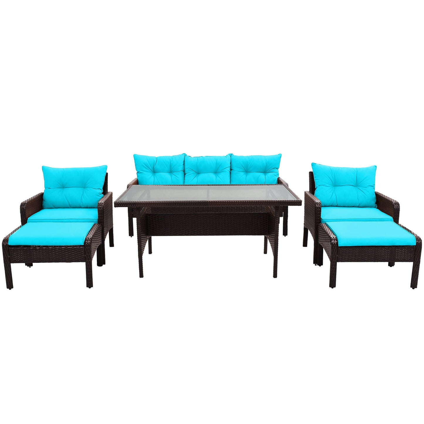 TOPMAX 6-Piece Outdoor Patio PE Wicker Rattan Sofa Set Dining Table Set with Removable Cushions and Tempered Glass Tea Table for Backyard, Poolside, Deck, Brown Wicker+Blue Cushion