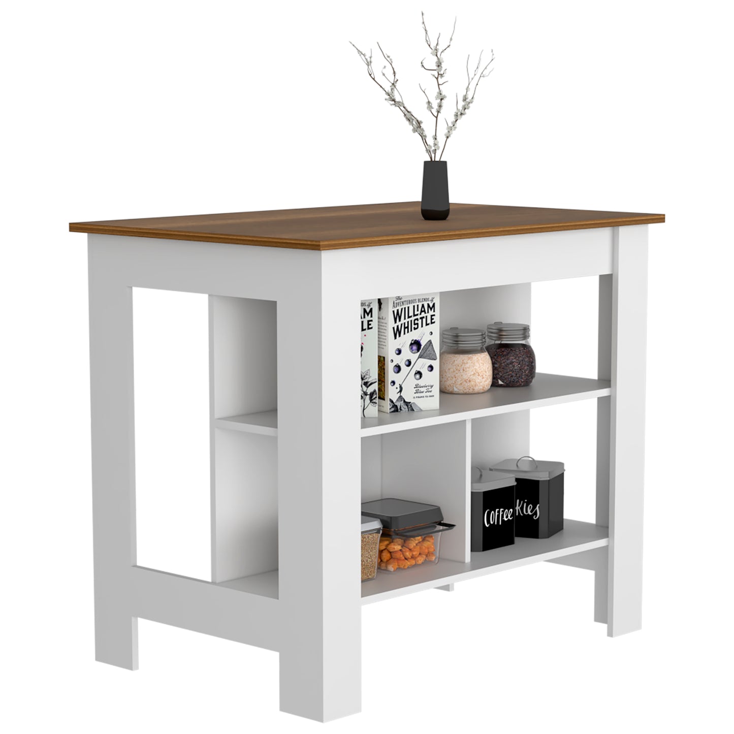 Kitchen Island Dozza, Three Shelves, White / Walnut Finish