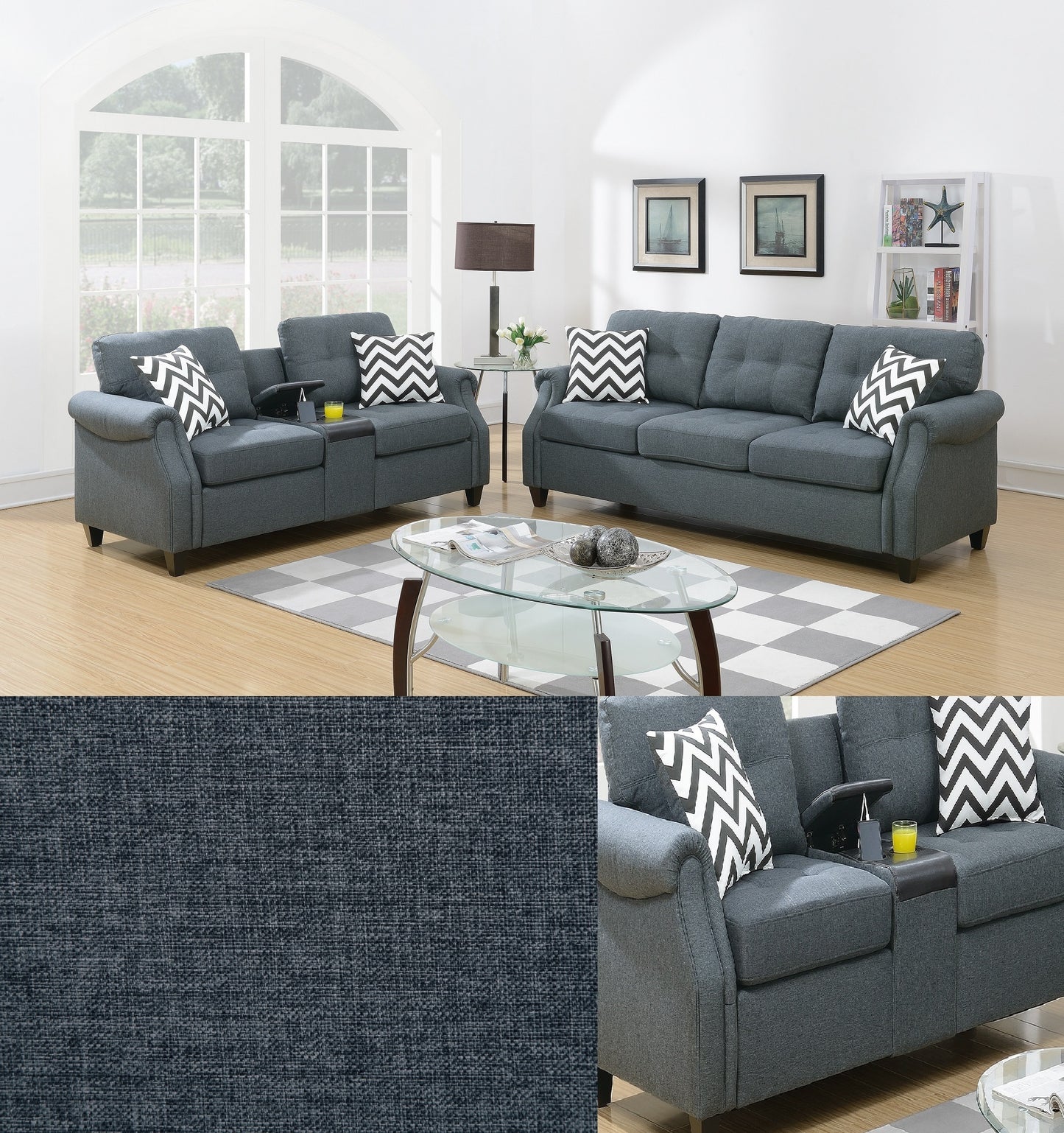 2pcs Sofa set Living Room Furniture Blue Gray Plush Polyfiber Sofa Loveseat w Console Pillows Couch