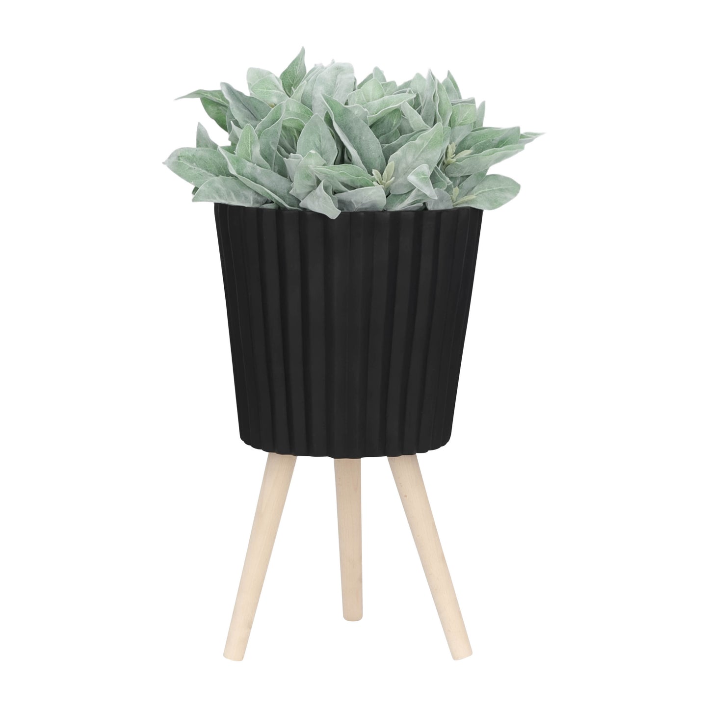 S/2 10/12" RIDGED PLANTER W/ WOOD LEGS, BLACK (KD)