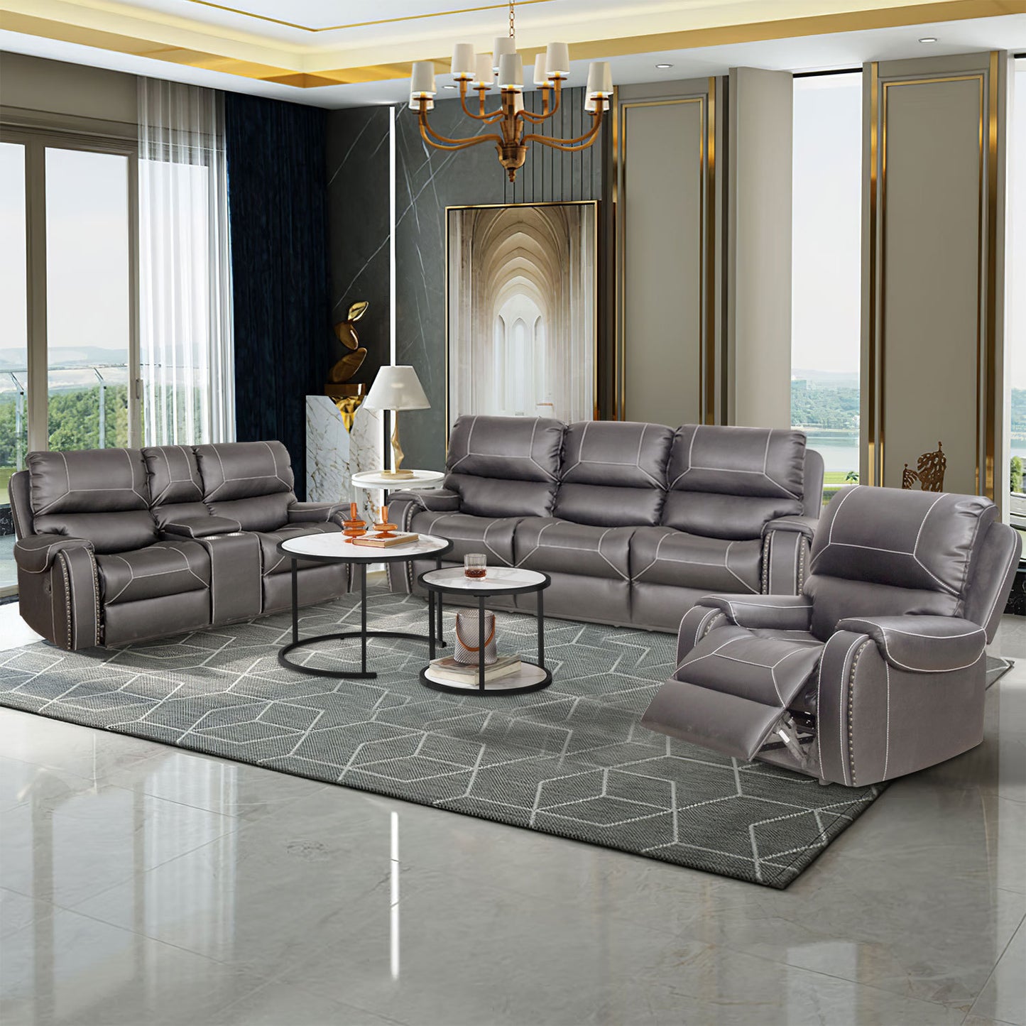 Faux Leather Reclining Sofa Couch 3 Seater Sofa for Living Room Grey