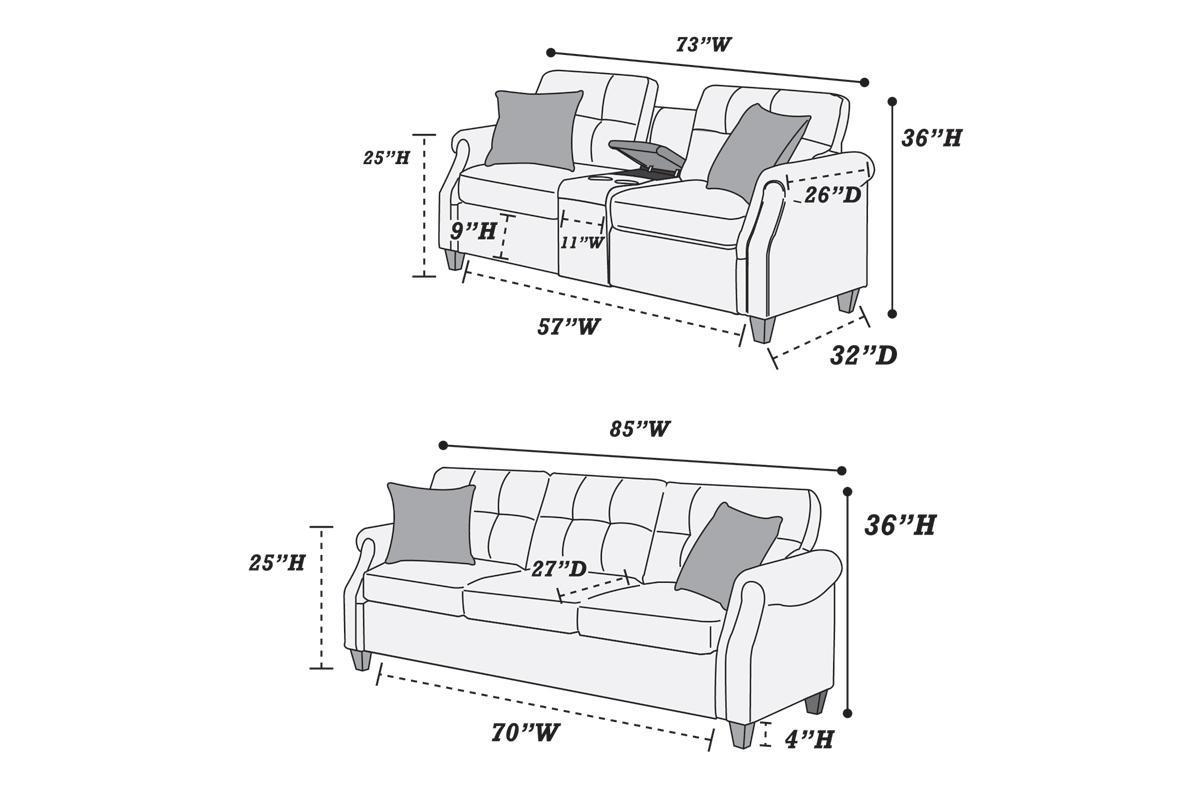 2pcs Sofa set Living Room Furniture Blue Gray Plush Polyfiber Sofa Loveseat w Console Pillows Couch