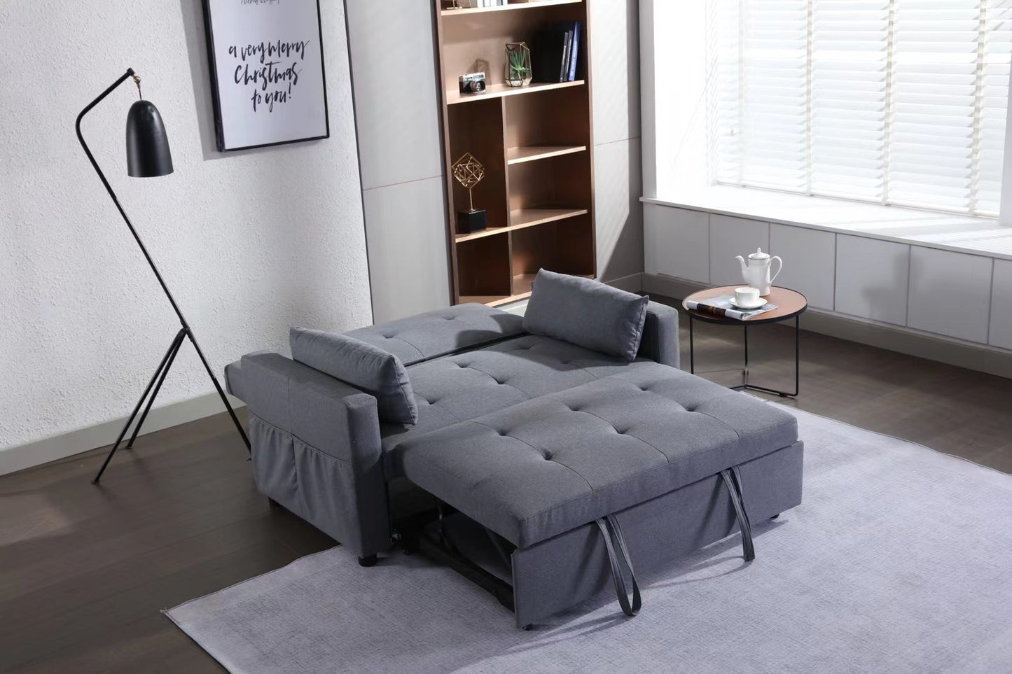 2 Seaters Sleeper Sofa Bed with Dark Grey Linen Fabric