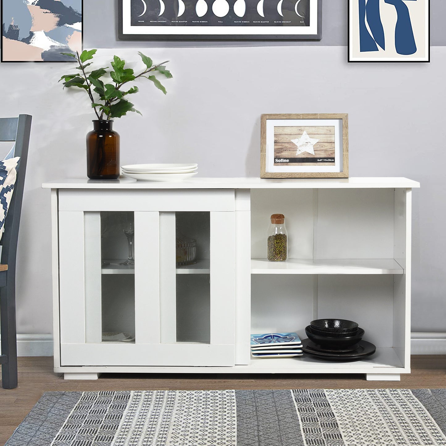 Sideboard Modern White Storage Cabinet with Sliding Doors/Adjustable Shelves