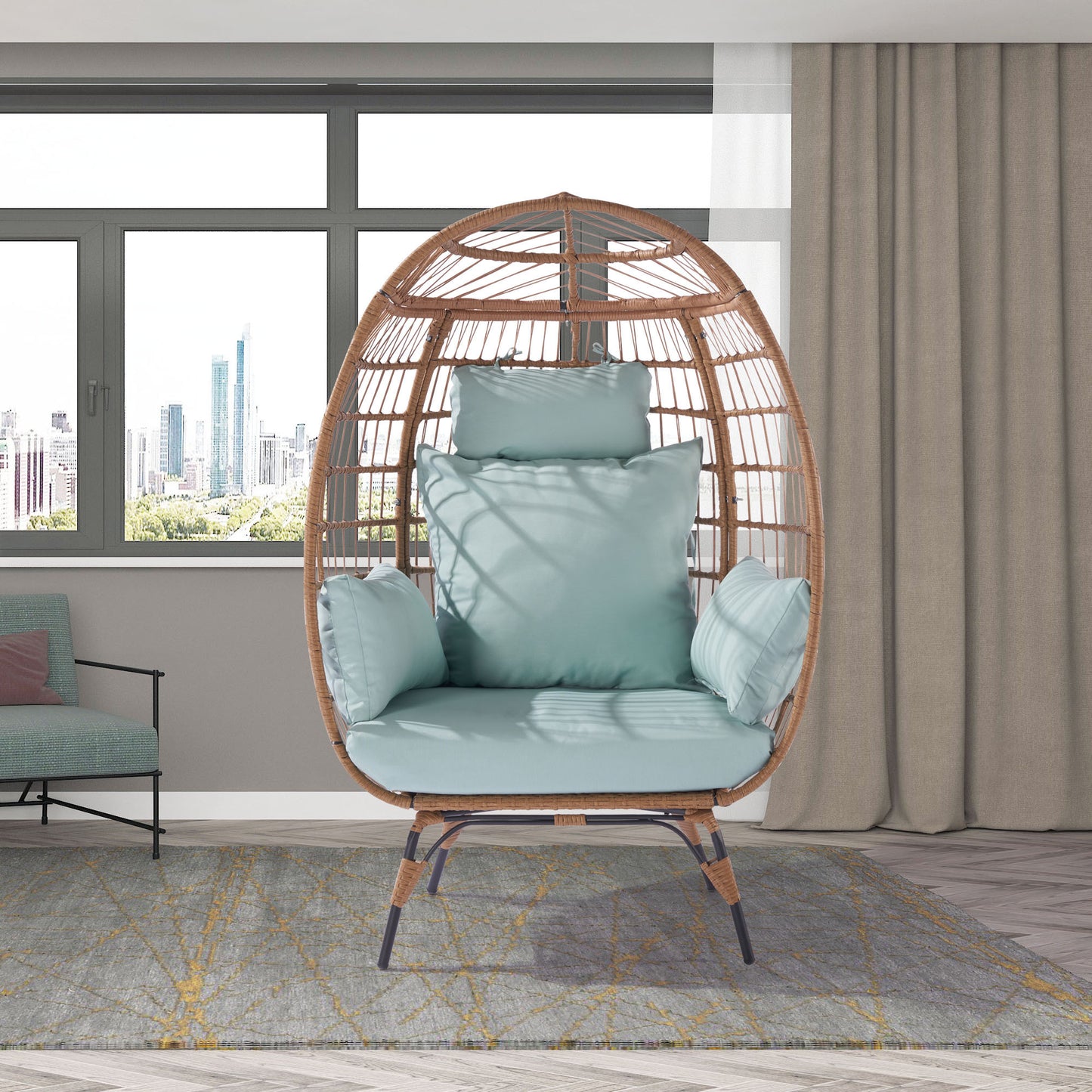 Wicker Egg Chair, Oversized Indoor Outdoor Lounger- Light Blue