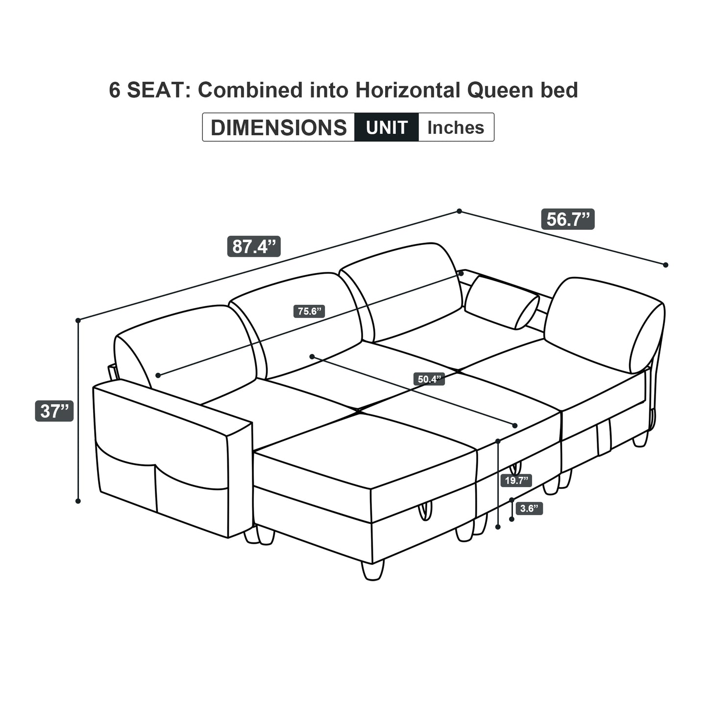 6 Storage Seat Convertible Sectional Modular Sofa Couch