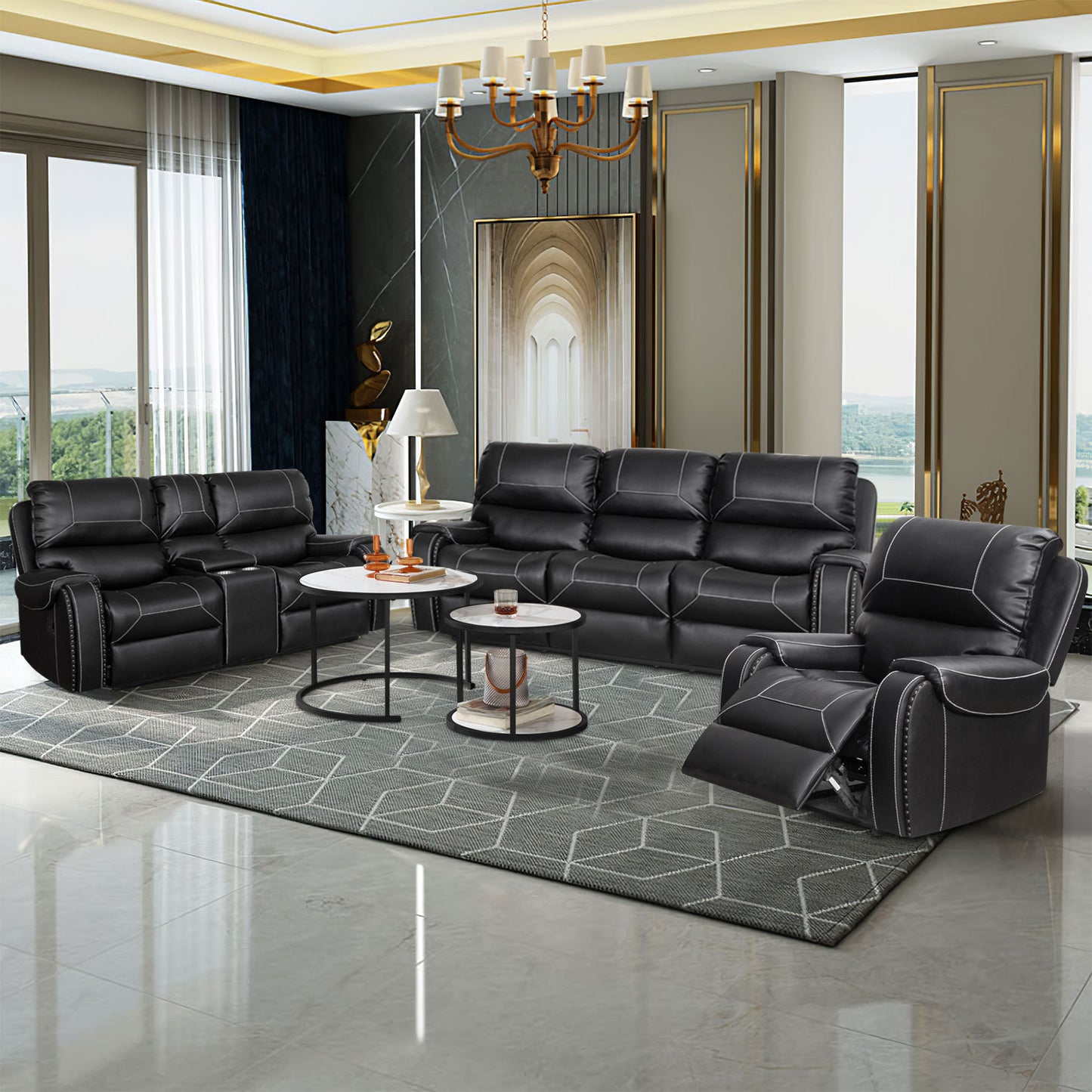 Faux Leather Reclining Sofa Couch Loveseat Sofa for Living Room Black