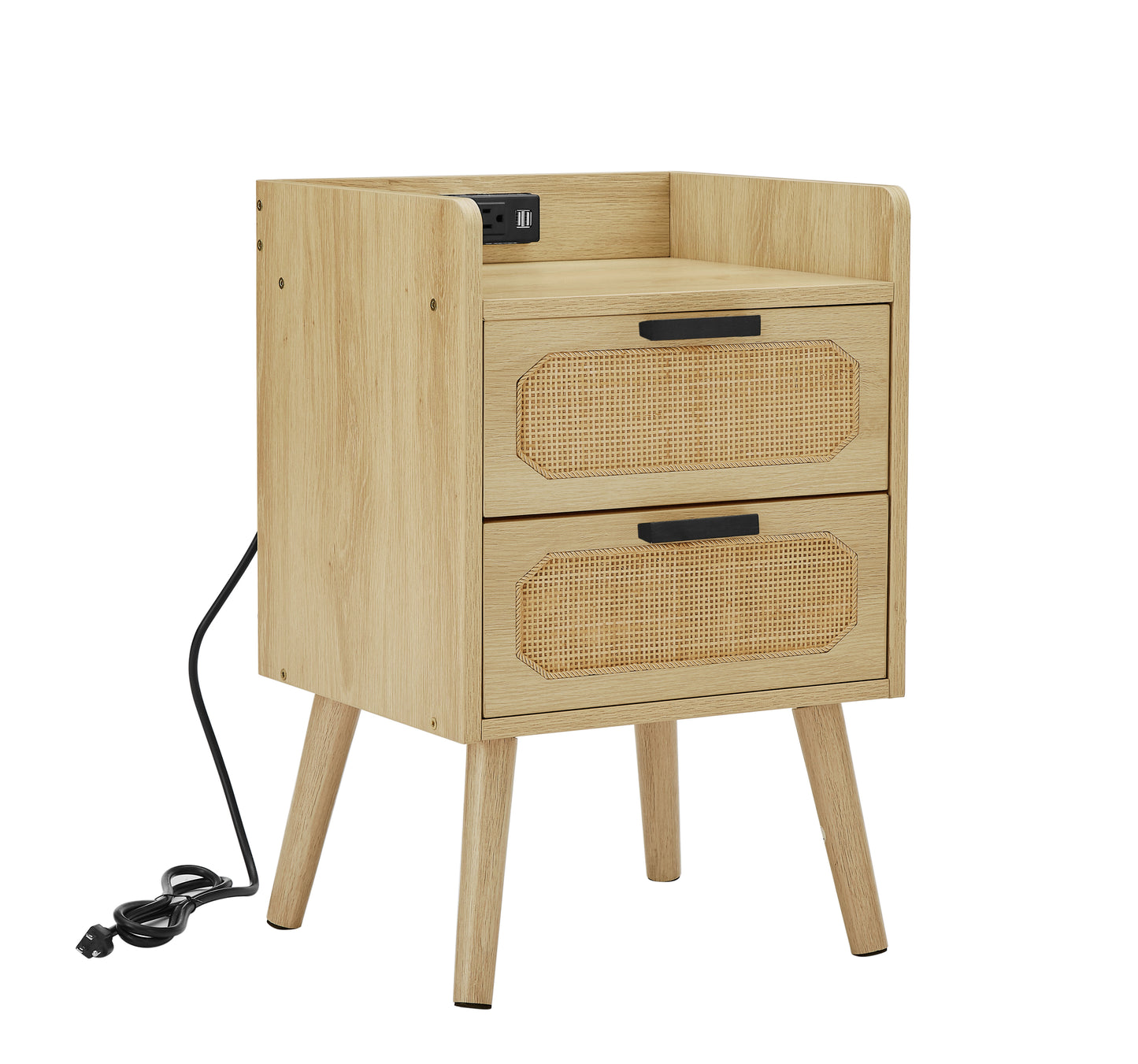 Natural and Handmade Rattan Nightstand with Socket Side Table