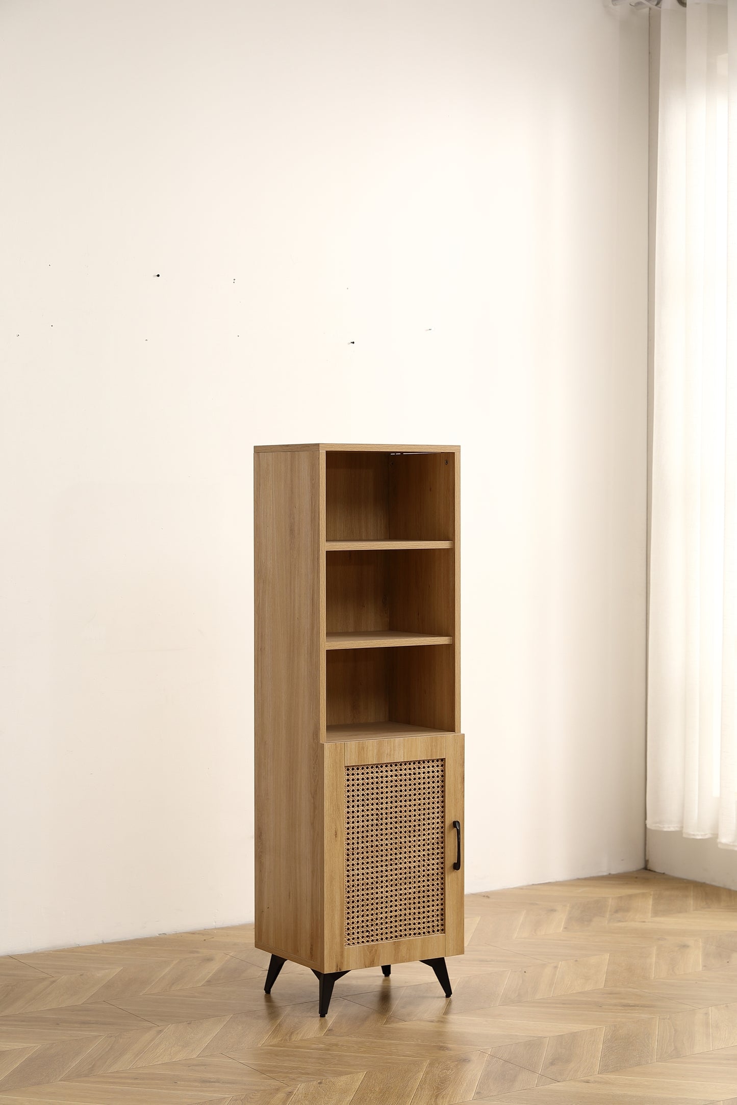 Natural Rattan Mesh Side Cabinet - Large Storage Space for Living Room or Restaurant.56inch  burlywood.