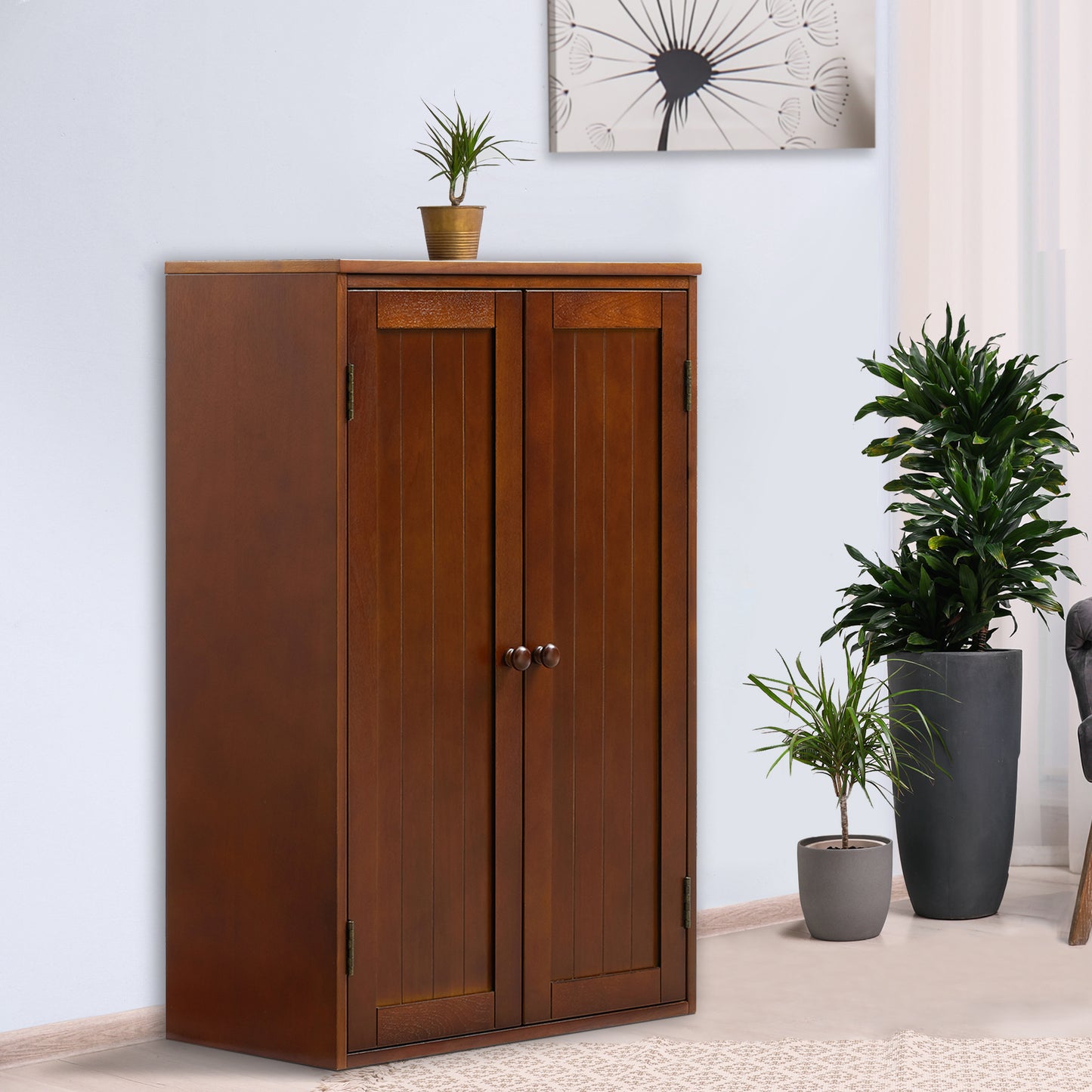 Bathroom Storage Cabinet Freestanding Wooden Floor Cabinet with Adjustable Shelf and Double Door Walnut