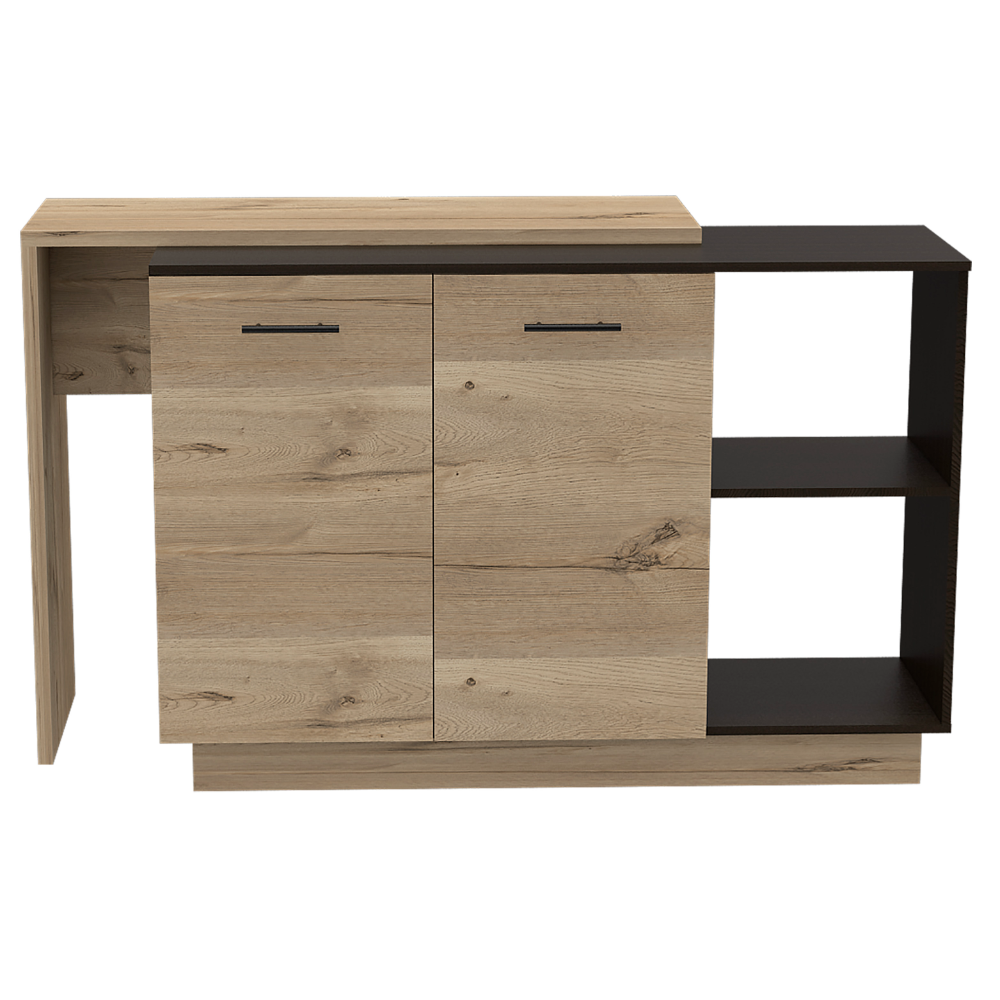 Sicilia Kitchen Island, Two  External Shelves, Double Door Cabinets, Three Shelves -Black / Light Oak