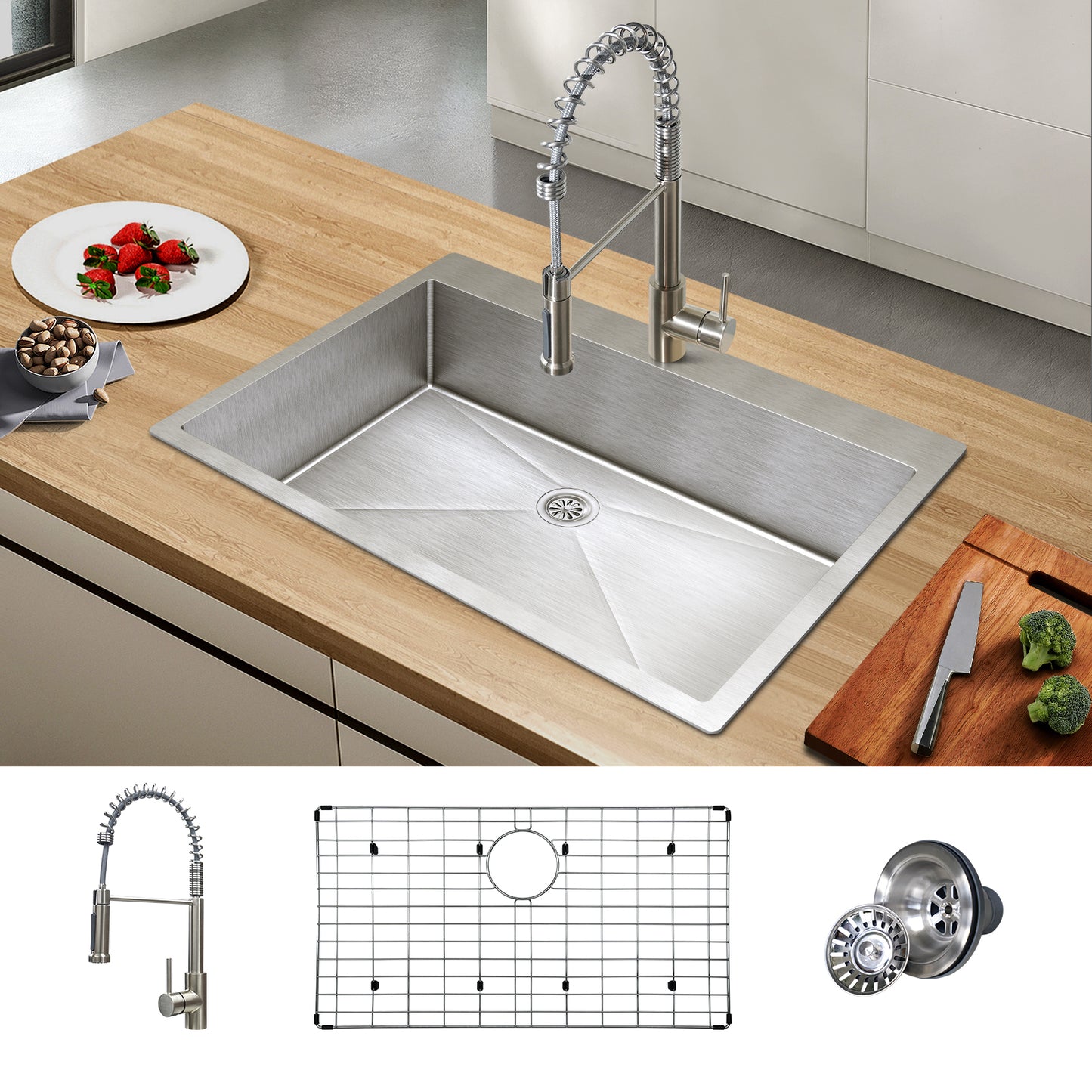 TECASA 33 inch Kitchen Sink - Dual Mount Undermount or Drop-in Sink with Faucet Combo, All-in-One Single Bowl Stainless Steel Sink