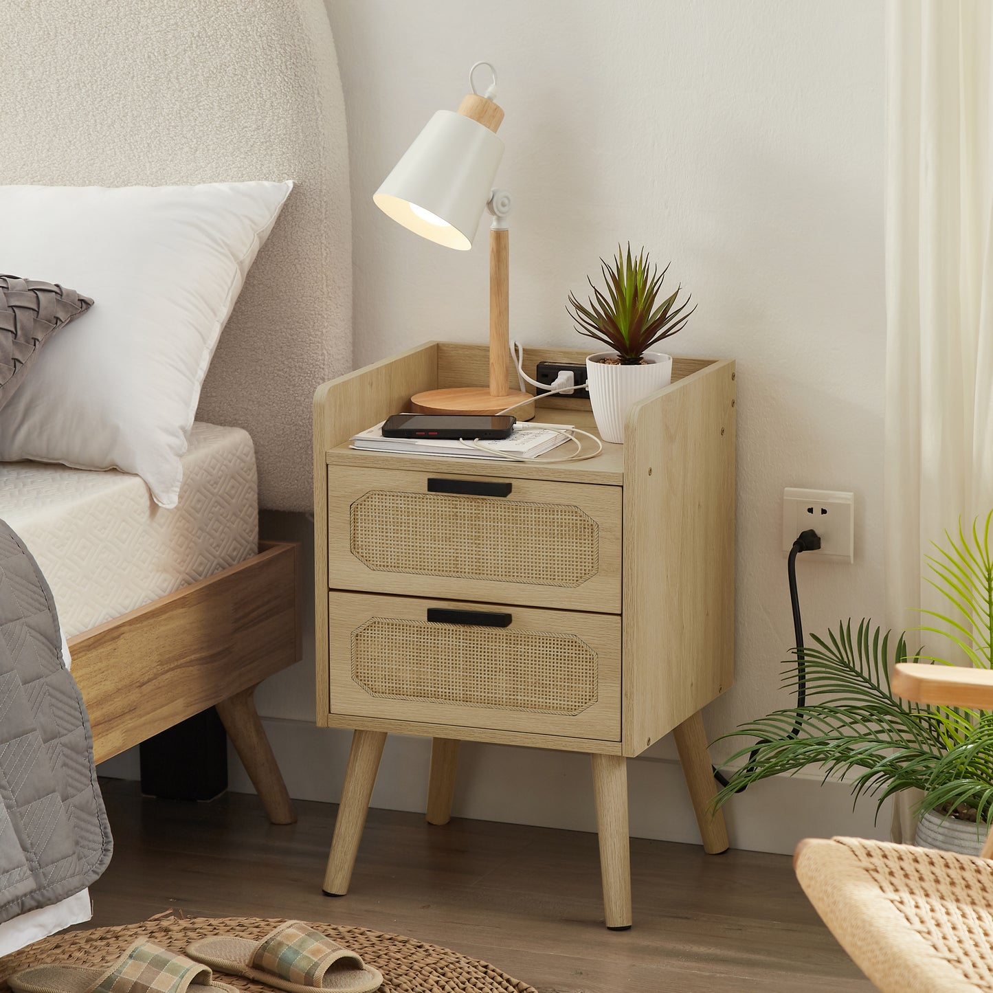 Natural and Handmade Rattan Nightstand with Socket Side Table