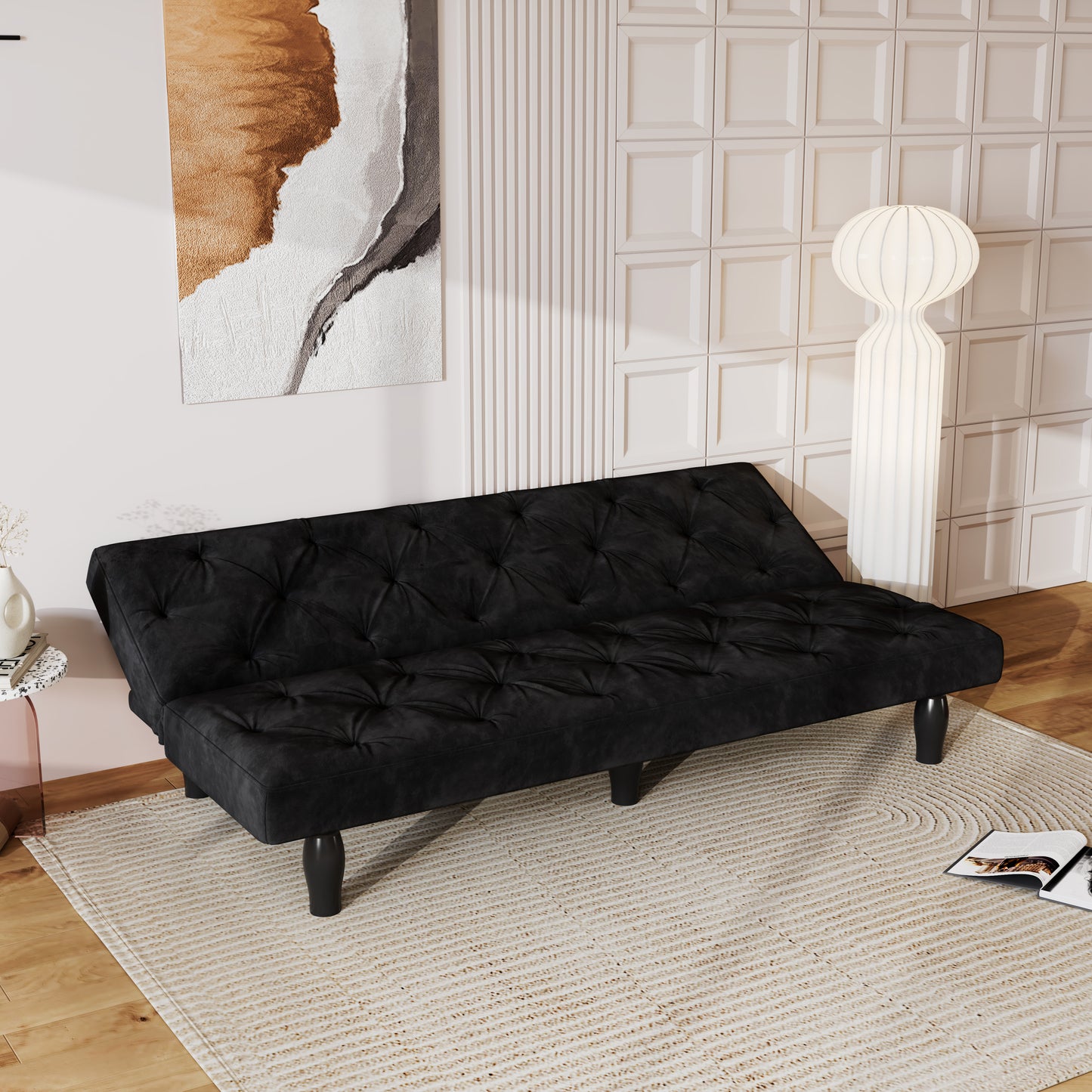 66" Black Velvet Convertible Sofa Bed