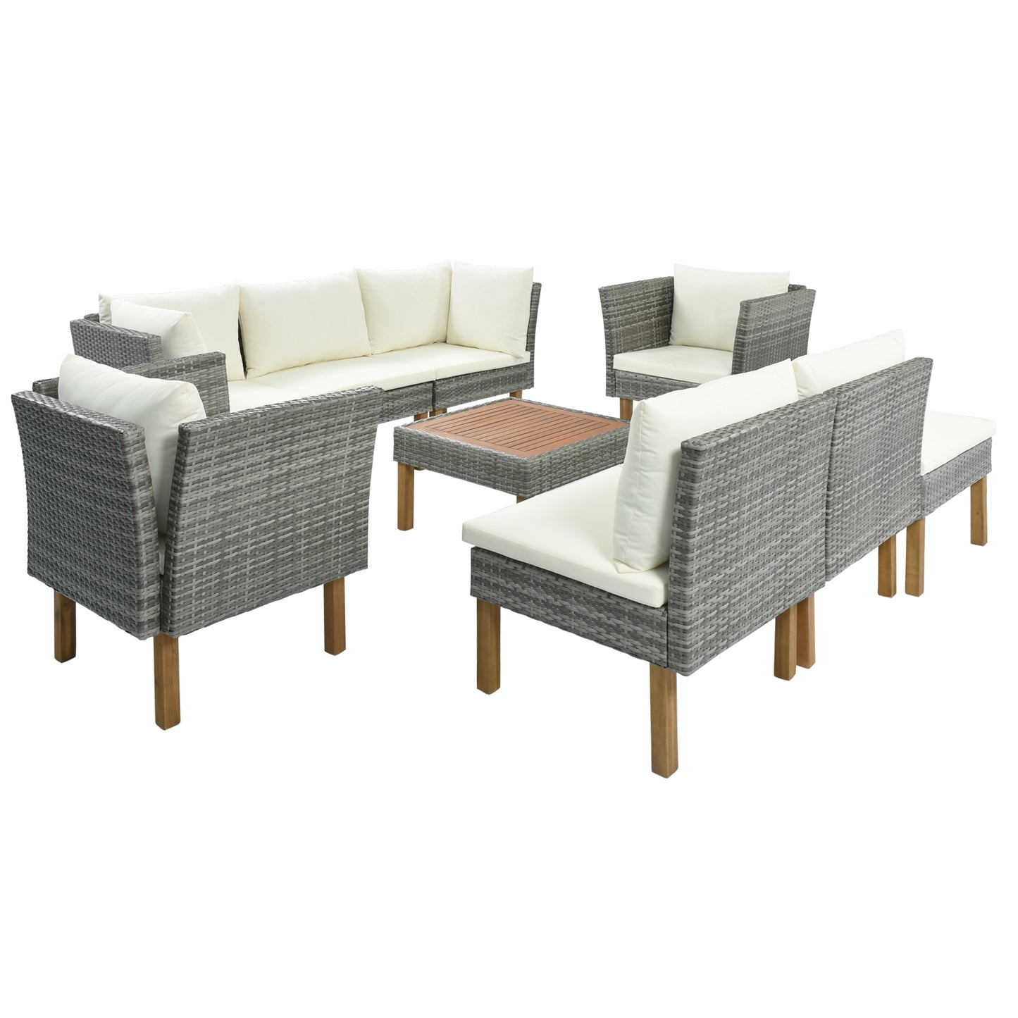 GO 9-Piece Outdoor Patio Garden Wicker Sofa Set, Gray PE Rattan Sofa Set, with Wood Legs, Acacia Wood Tabletop, Armrest Chairs with Beige Cushions