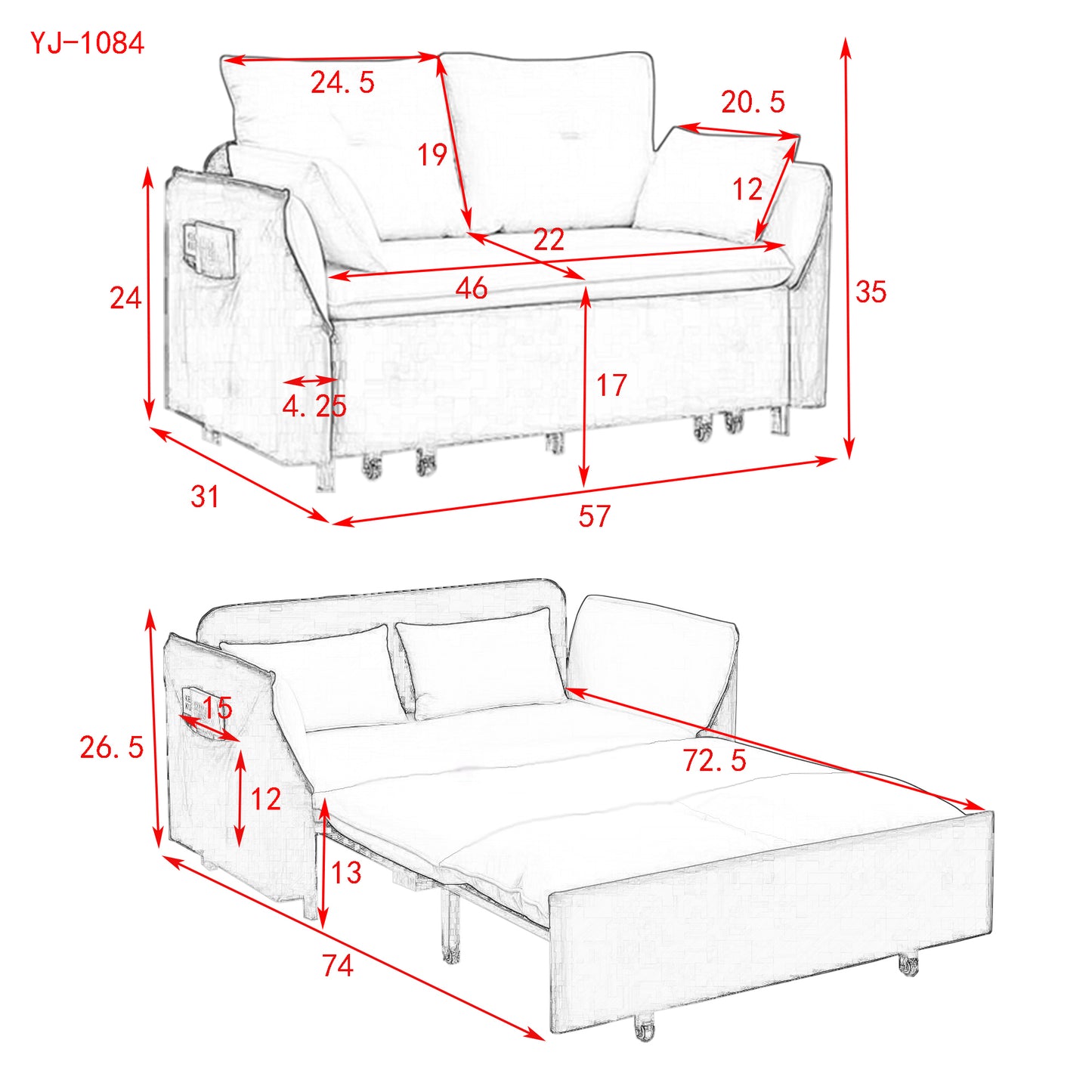 MH 57" Modern Convertible Sofa Bed with 2 Detachable Arm