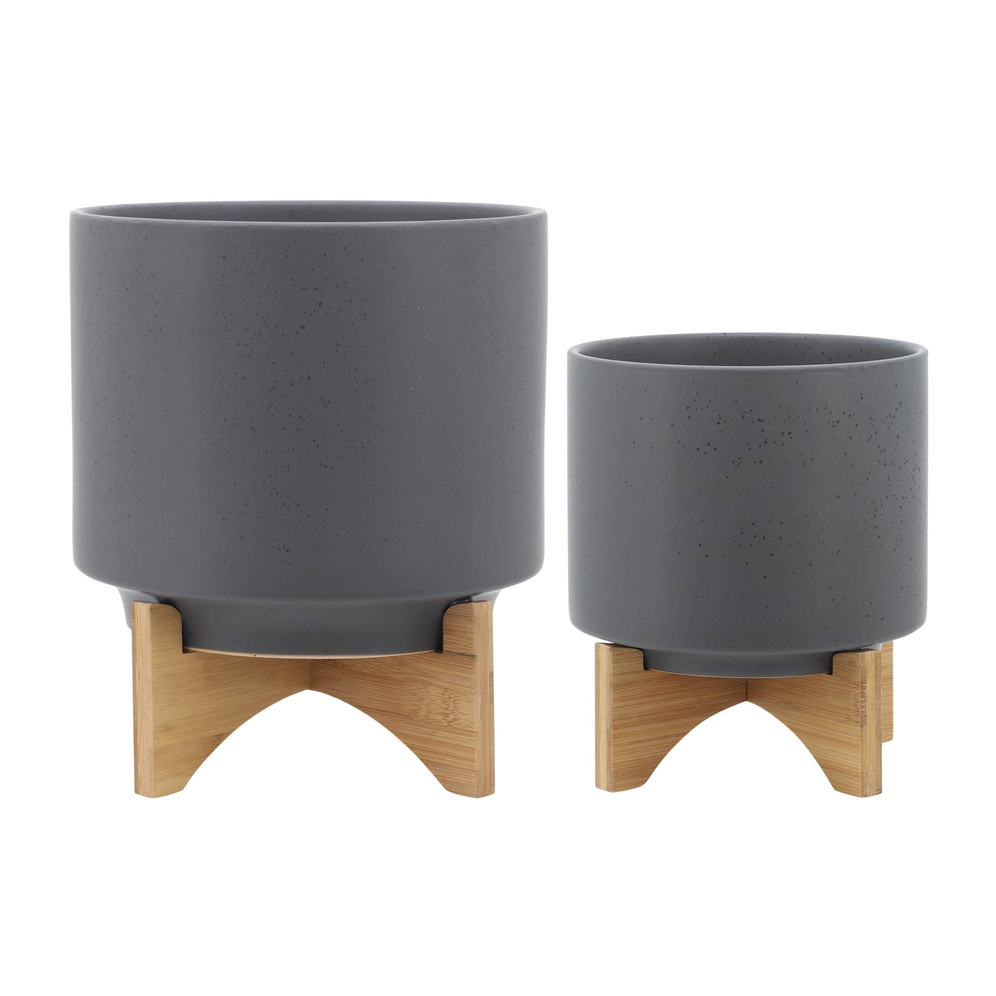 S/2 8/10" PLANTER W/ WOOD STAND, MATTE GRAY