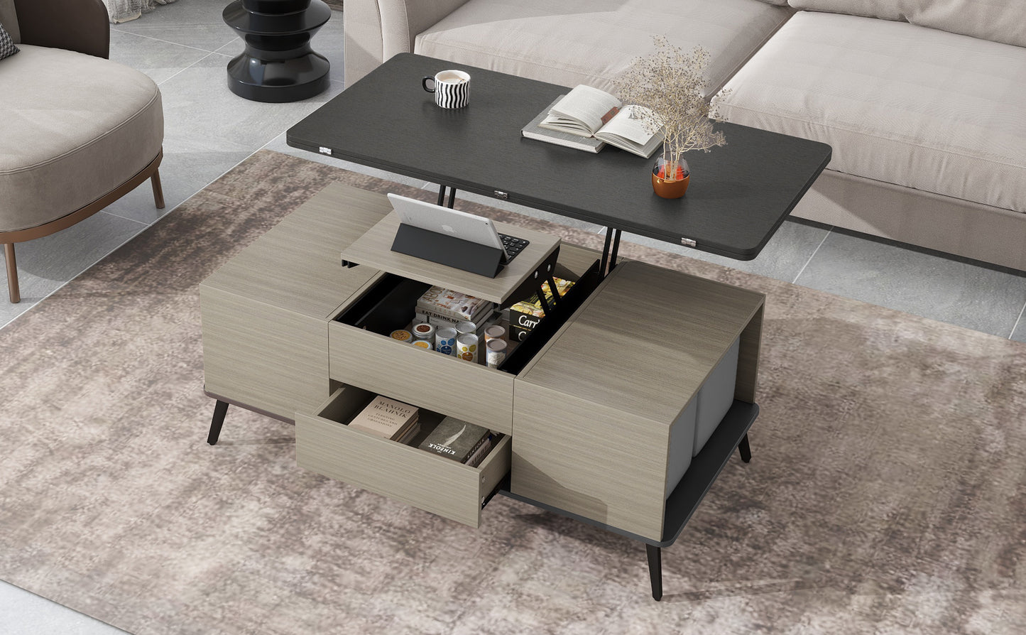 5 Pieces Lift Top Coffee Table Set with Convertible Storage