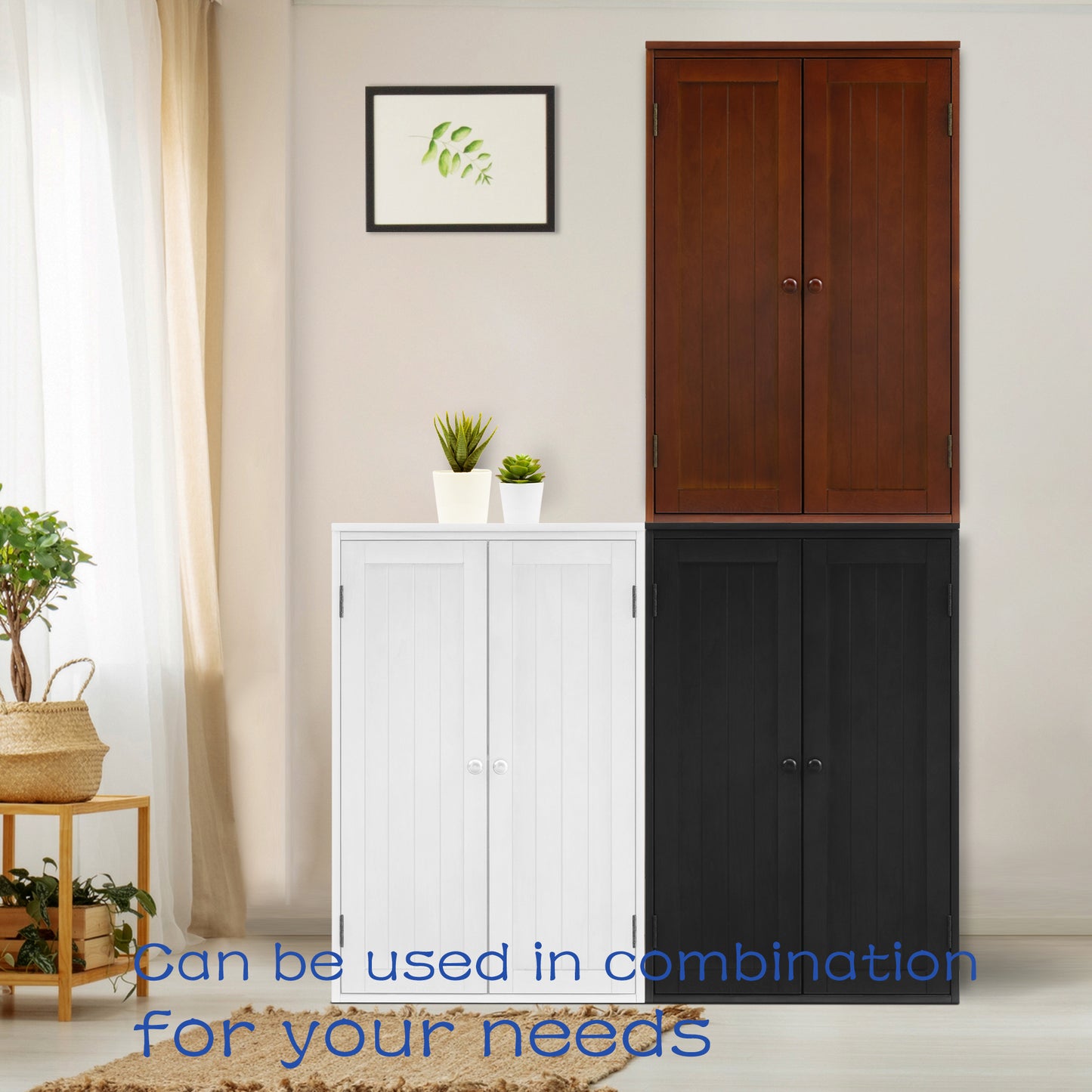 Bathroom Storage Cabinet Freestanding Wooden Floor Cabinet with Adjustable Shelf and Double Door Walnut