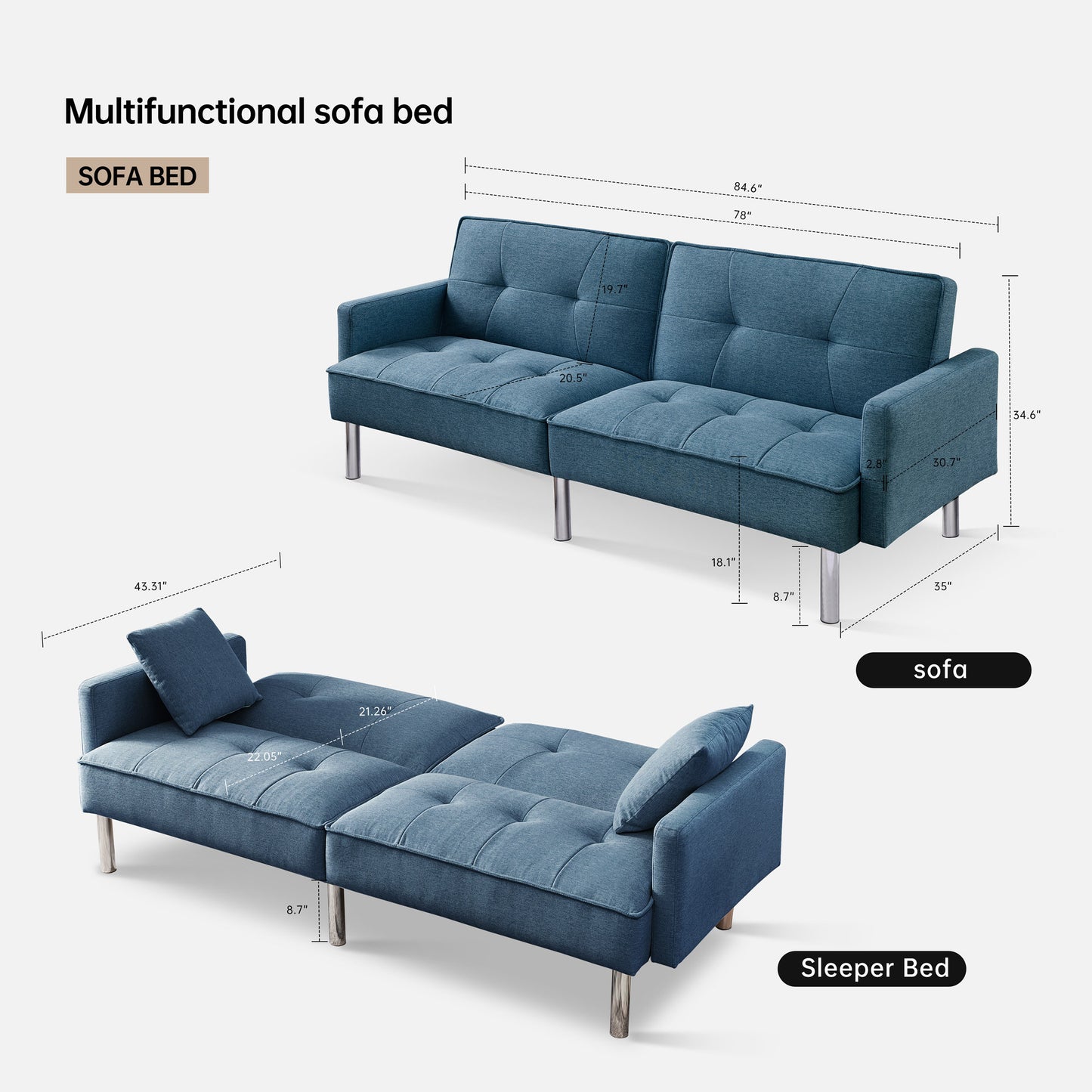 84.6” Extra Long Adjustable Sofa Bed