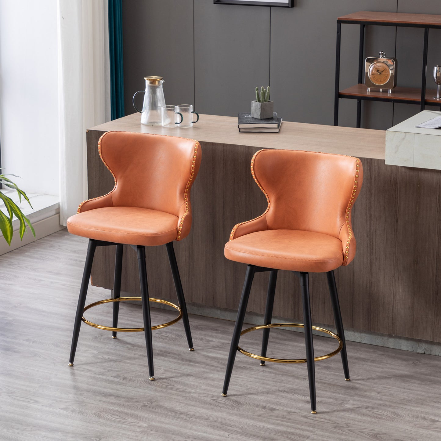 A&A Furniture Counter Height 25" Modern Leathaire Fabric Bar Chairs with Metal Legs Set of 2 - Orange