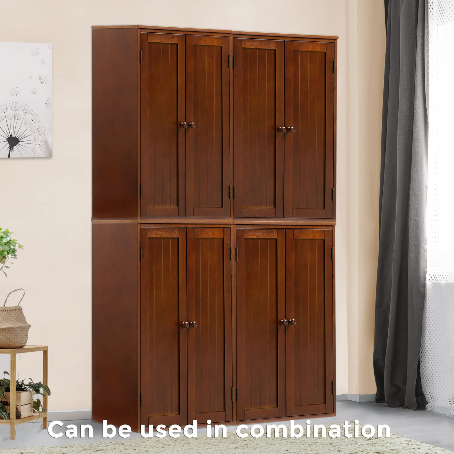 Bathroom Storage Cabinet Freestanding Wooden Floor Cabinet with Adjustable Shelf and Double Door Walnut