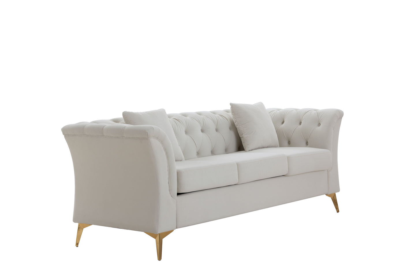 Modern Chesterfield Curved Sofa Tufted Velvet Couch 3 Seat Button Tufed Loveseat with Scroll Arms and Gold Metal Legs for Living Room Bedroom Beige