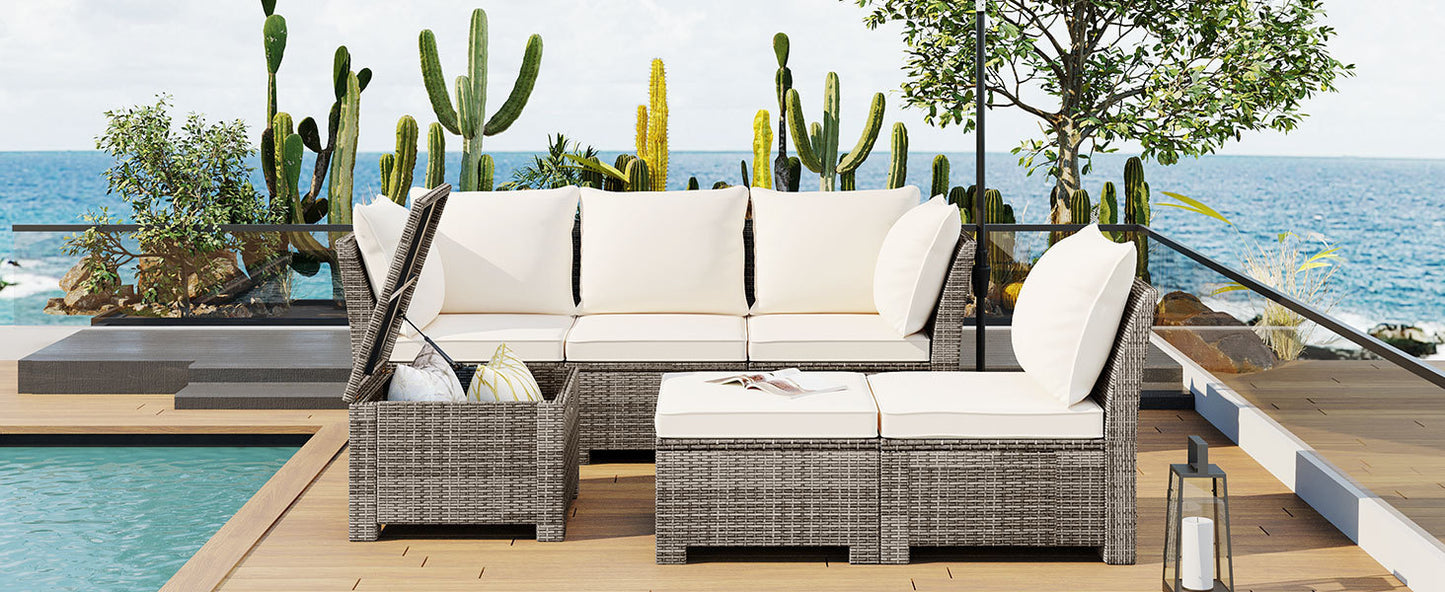 TOPMAX 6-Piece Outdoor Sofa Set, PE Wicker Rattan Sofa with 2 Corner Chairs, 2 Single Chairs, 1 Ottoman and 1 Storage Table, All-weather Conversational Furniture, Beige