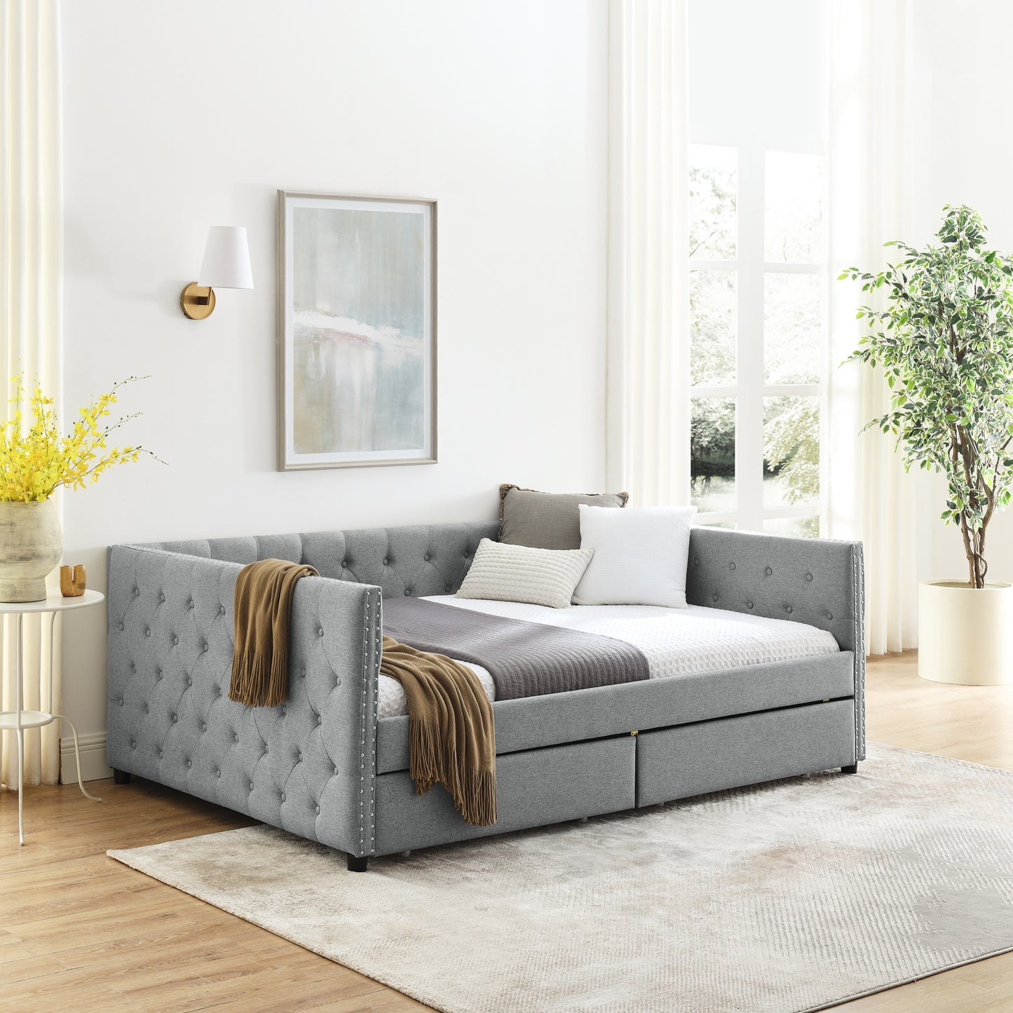 Upholstered Full Size Daybed with Two Drawers, with Button and Copper Nail on Square Arms, Grey (82.75''x58''x30.75'')