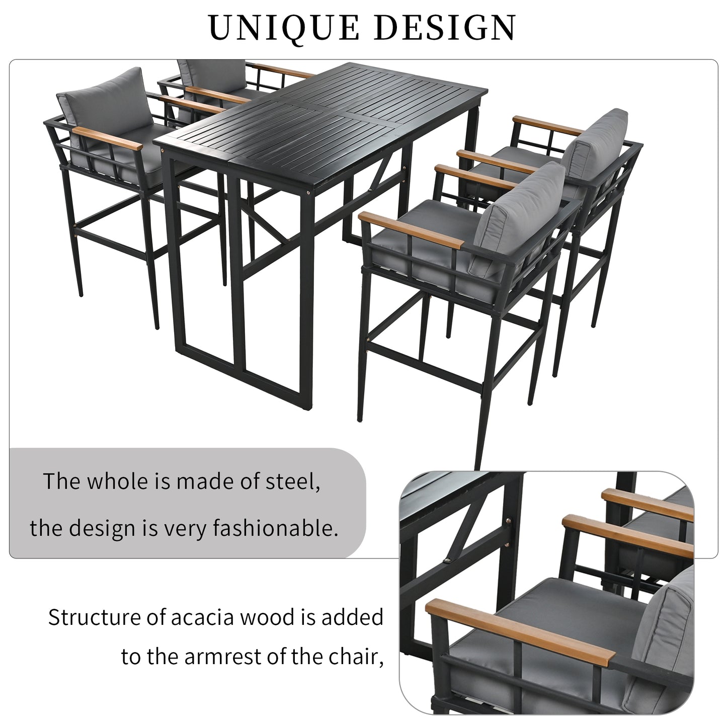 U_Style Steel Outdoor Dining Set with Acacia Wood Armrest Suitable For Patio, Balcony Or Backyard