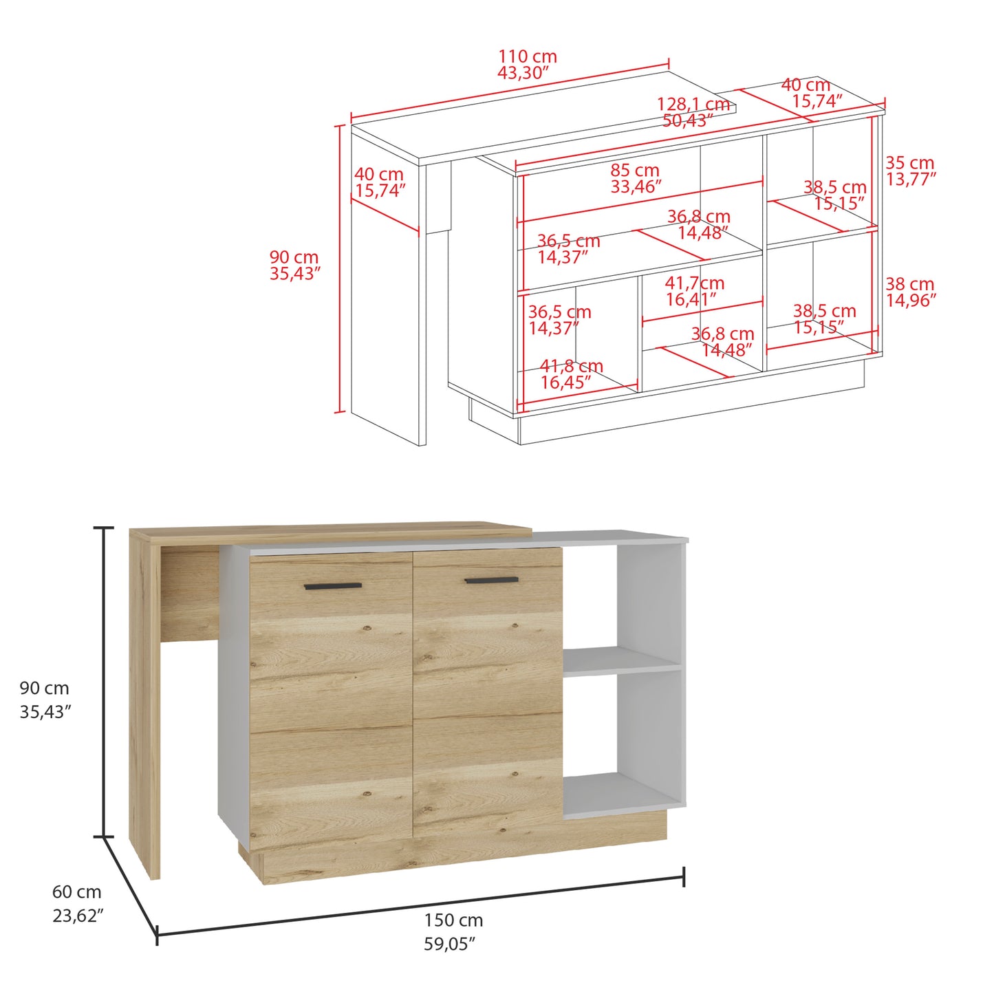 Sicilia Kitchen Island, Two  External Shelves, Double Door Cabinets, Three Shelves -White / Light Oak