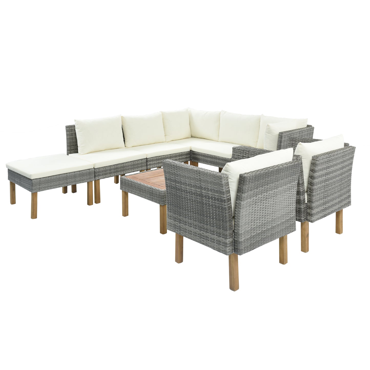 GO 9-Piece Outdoor Patio Garden Wicker Sofa Set, Gray PE Rattan Sofa Set, with Wood Legs, Acacia Wood Tabletop, Armrest Chairs with Beige Cushions