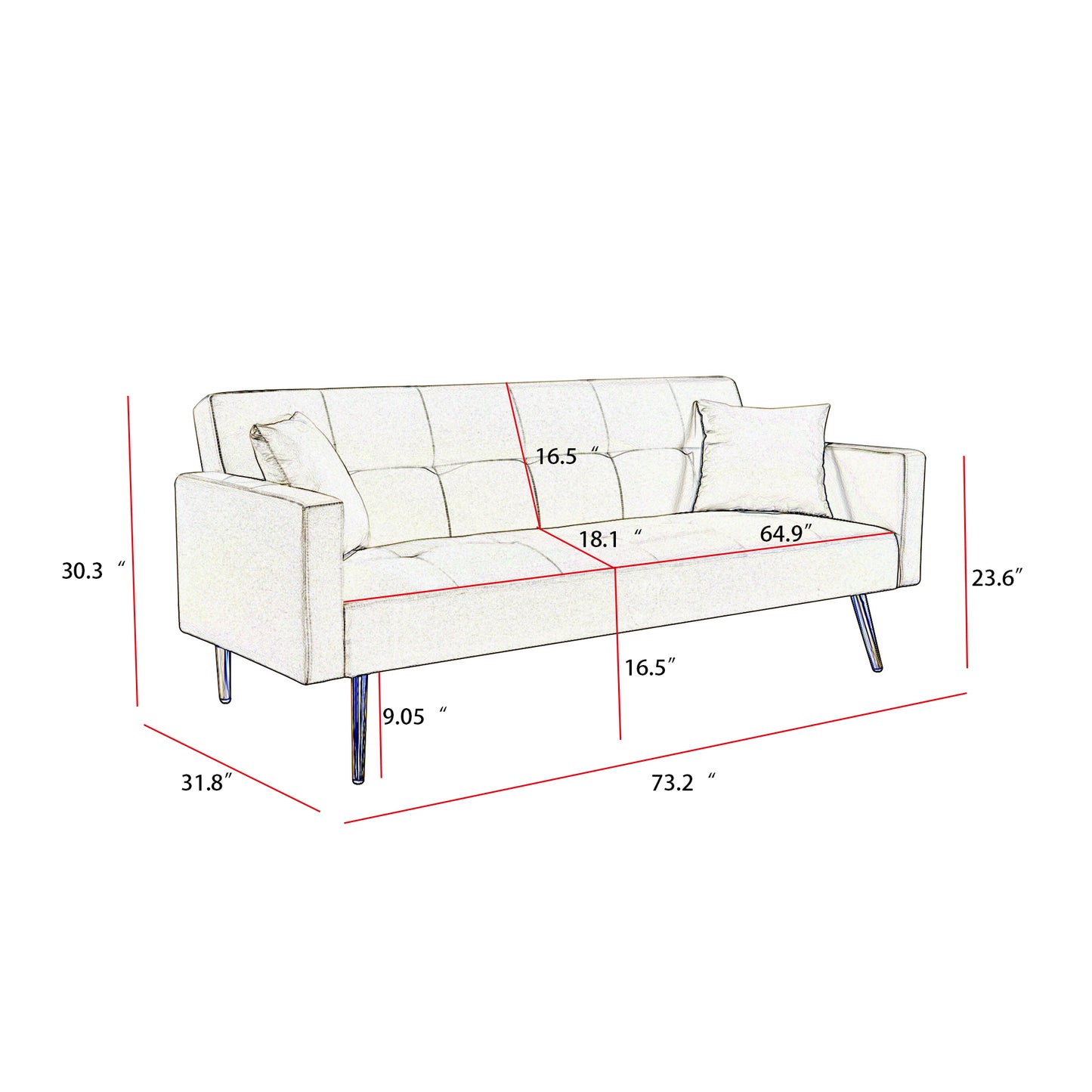 Cream White Velvet  Convertible Folding Futon Sofa Bed