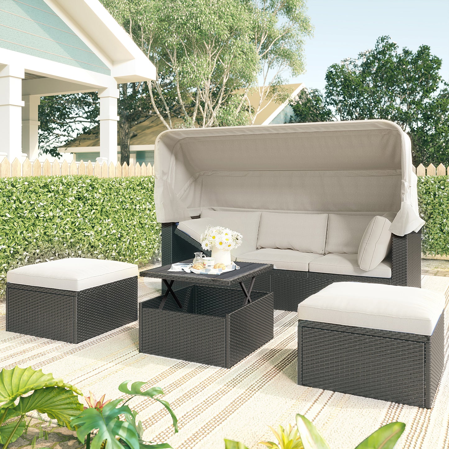 U_Style Outdoor Patio Rectangle Daybed with Retractable Canopy,  Wicker Furniture Sectional Seating with Washable Cushions, Backyard, Porch