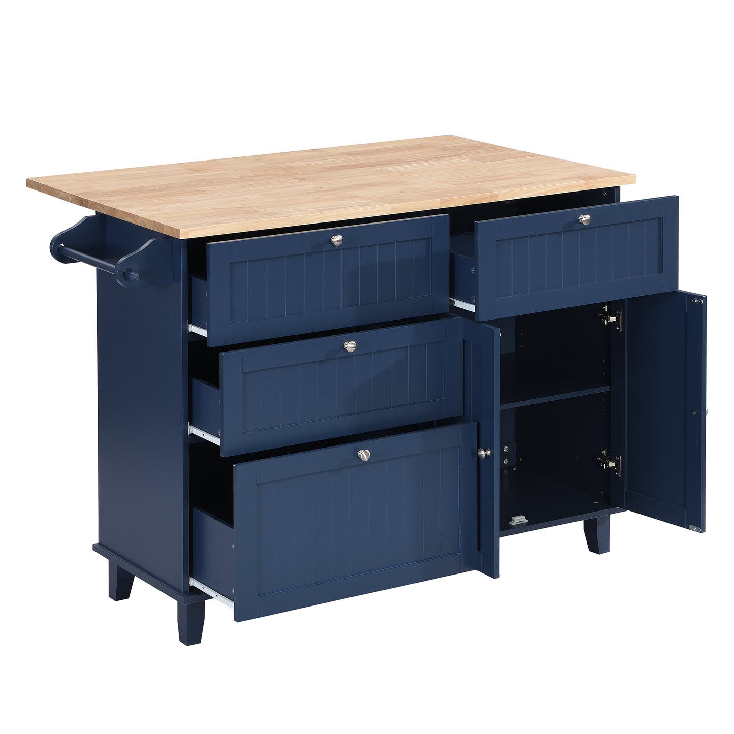 TOPMAX Farmhouse Kitchen Island Set with Drop Leaf and 2 Seatings,Dining Table Set with Storage Cabinet, Drawers and Towel Rack, Blue+Black+Brown