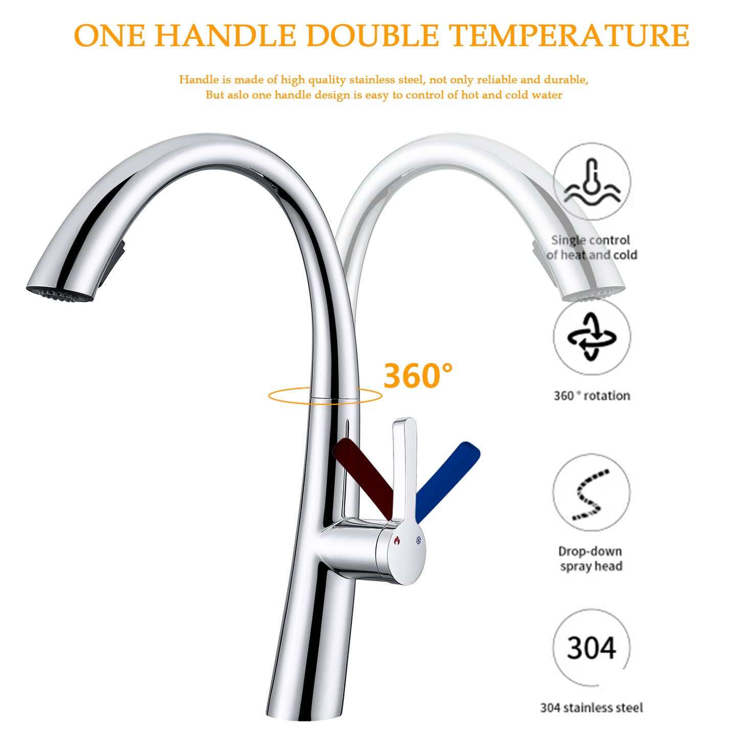 Chrome Single Handle Stainless Steel Pull Out Kitchen Faucet