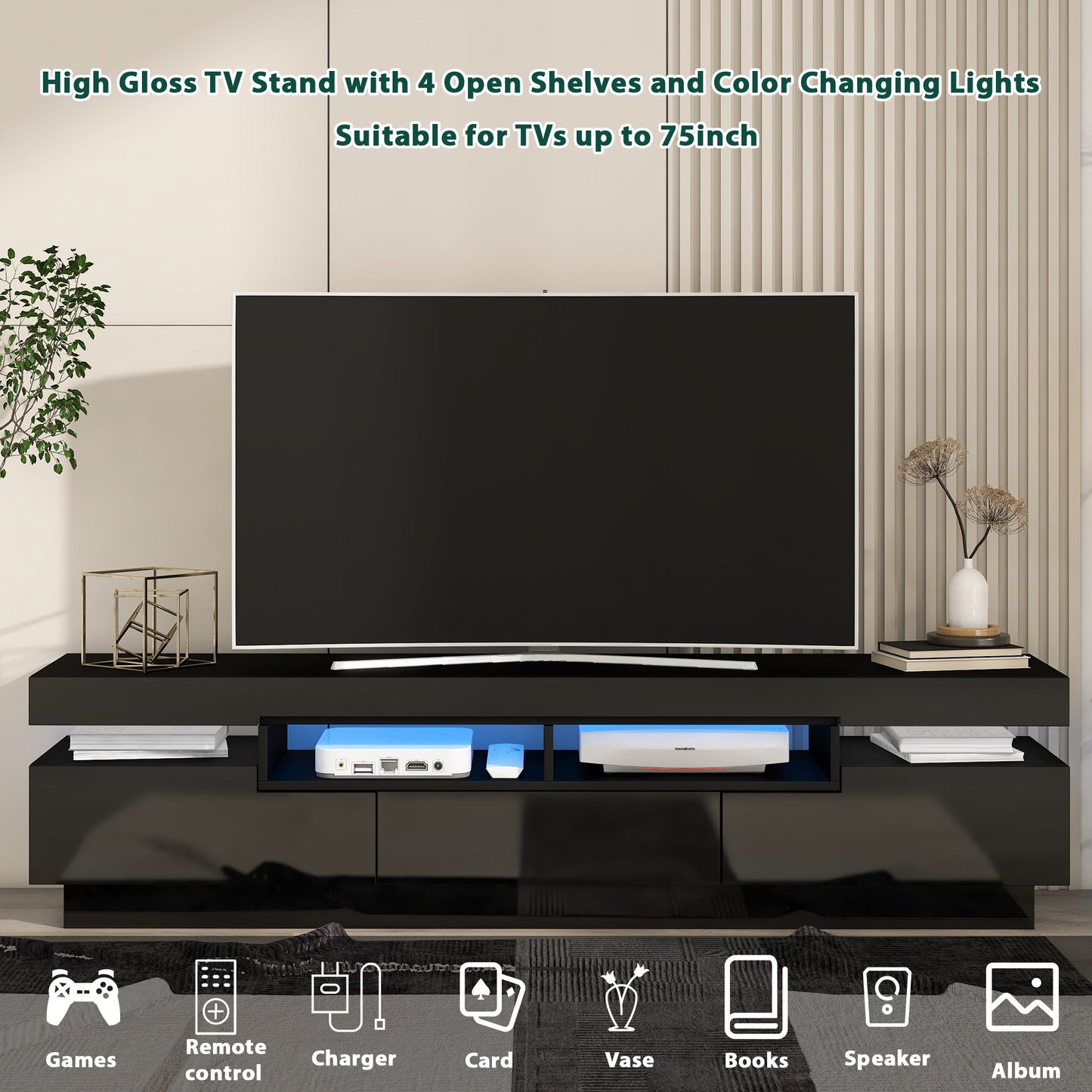 On-Trend TV Stand with 4 Open Shelves, Modern High Gloss Entertainment Center for 75 Inch TV, Universal TV Storage Cabinet with 16-color RGB LED Color Changing Lights, Black