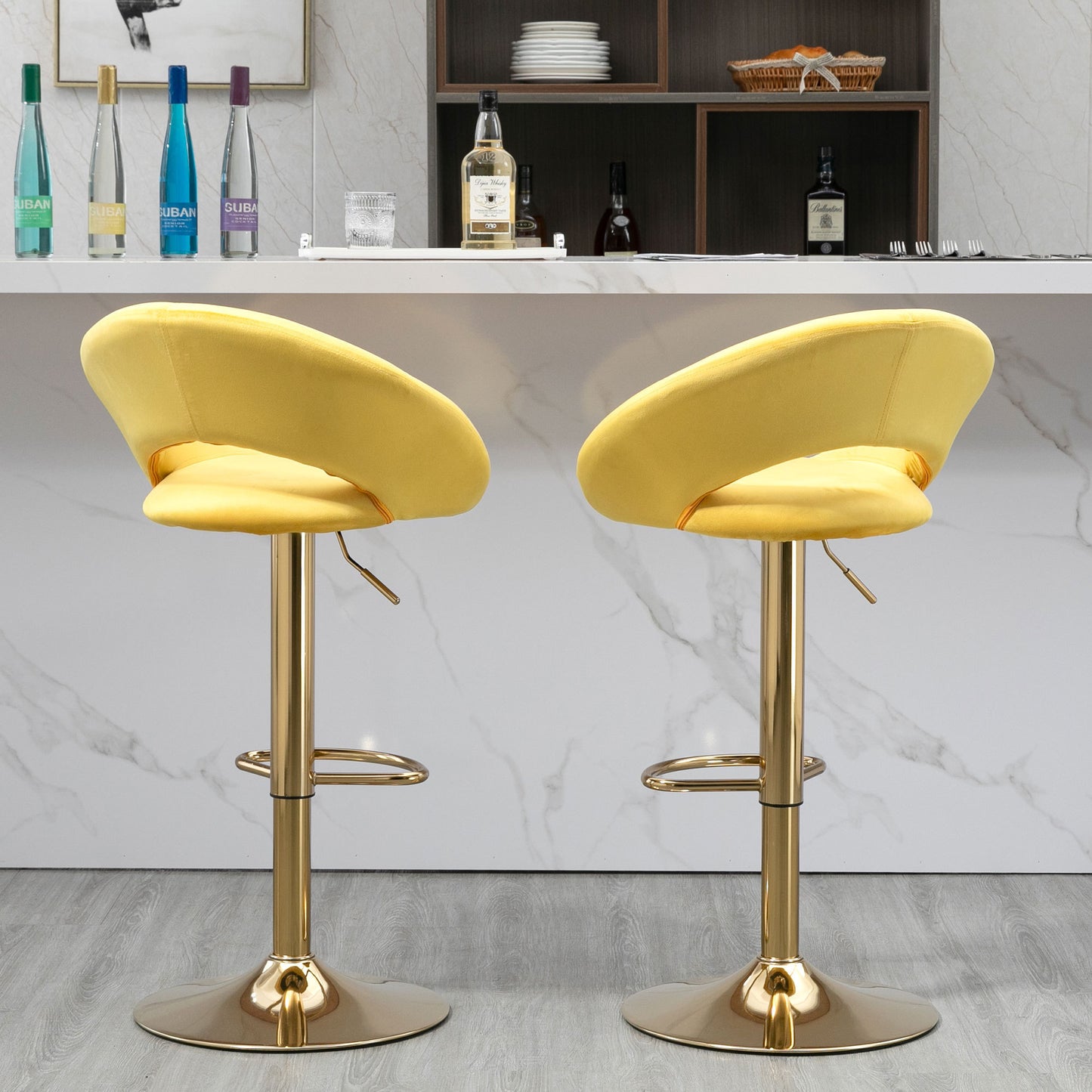 Yellow Velvet Adjustable Modern Dining Chairs,Counter Height Bar Chair,Swivel Bar Stools Set of 2