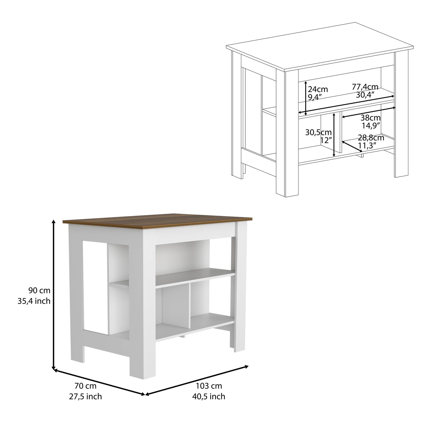 Kitchen Island Dozza, Three Shelves, White / Walnut Finish