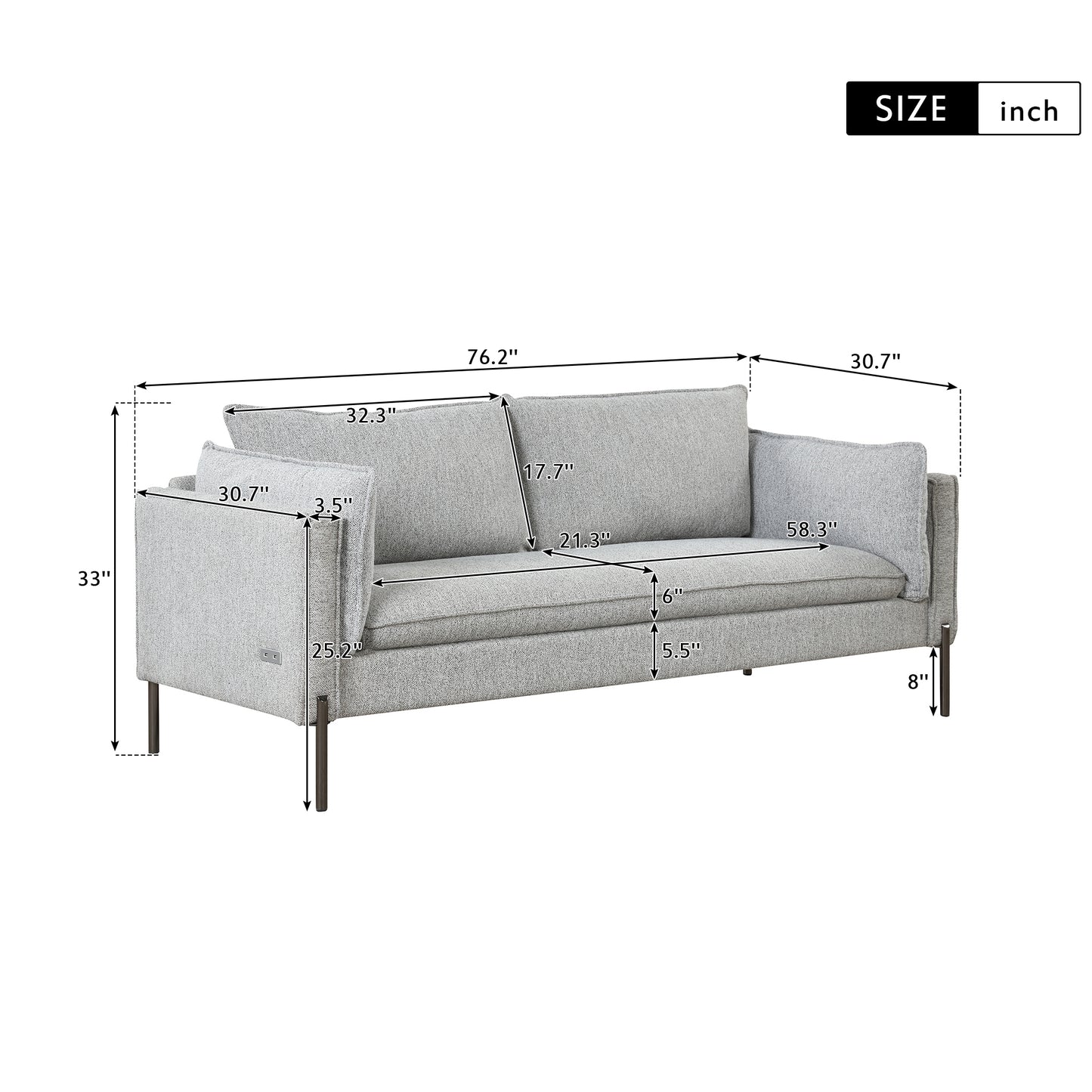 76.2" Modern Style 3 Seat Sofa Linen Fabric Upholstered Couch Furniture  for Different Spaces