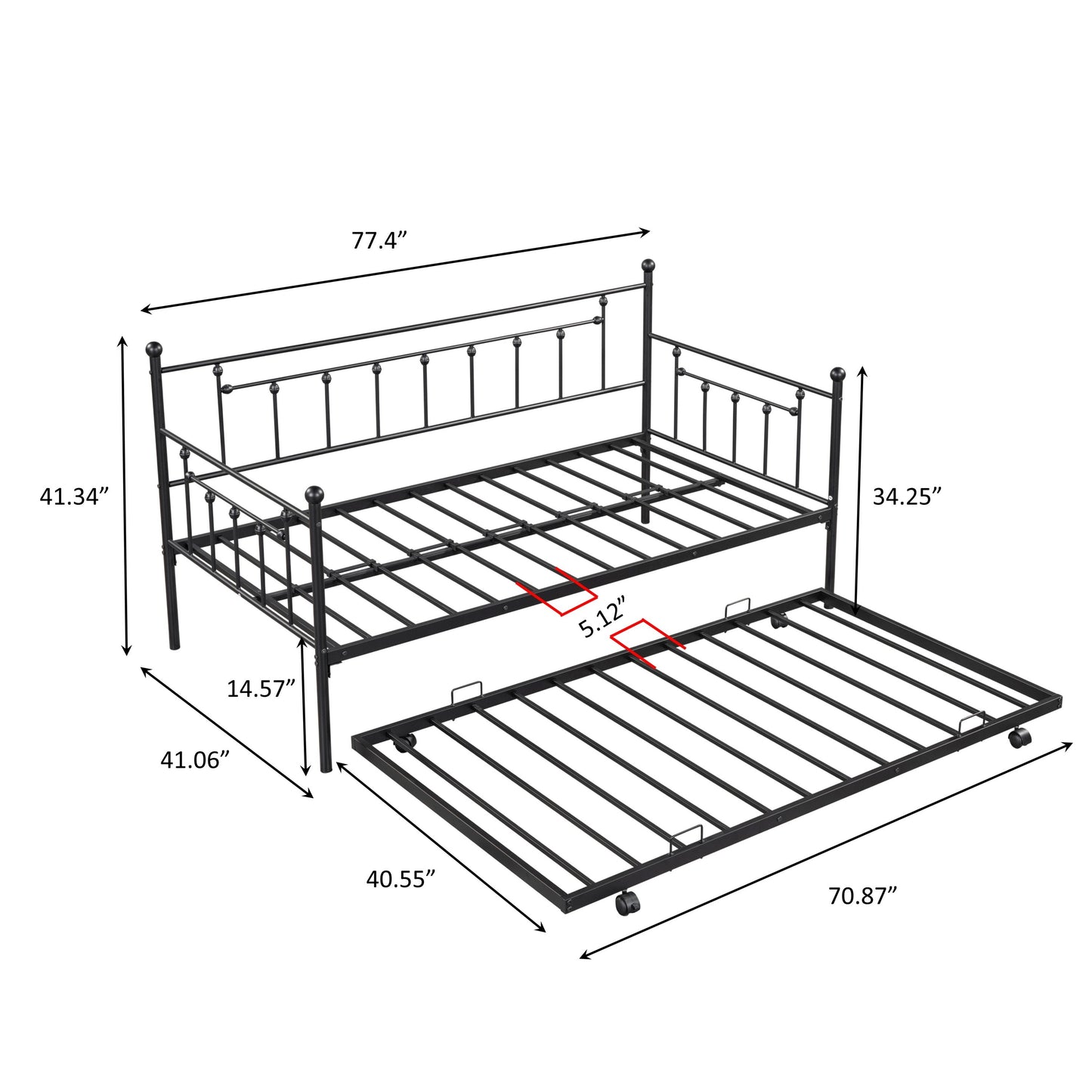 Metal Twin Daybed with Trundle/ Heavy-duty Sturdy Metal/ Noise Reduced/ Trundle for Flexible Space/ Vintage Style/ No Box Spring Needed