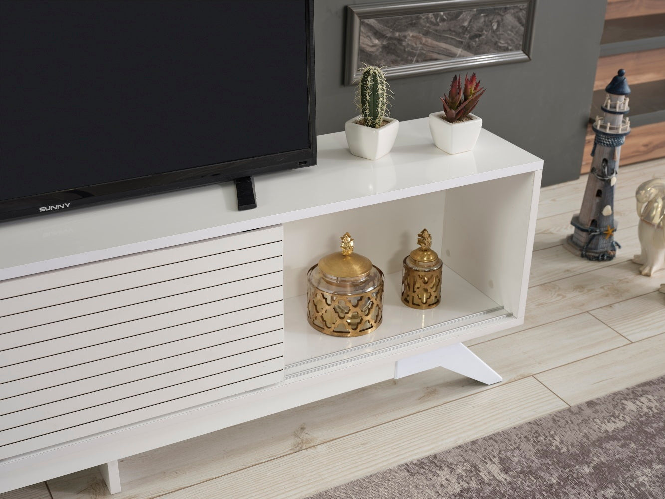 FurnisHome Store Luxia Mid Century Modern Tv Stand 2 Sliding Door Cabinet 2 Shelves 67 inch Tv Uni, White