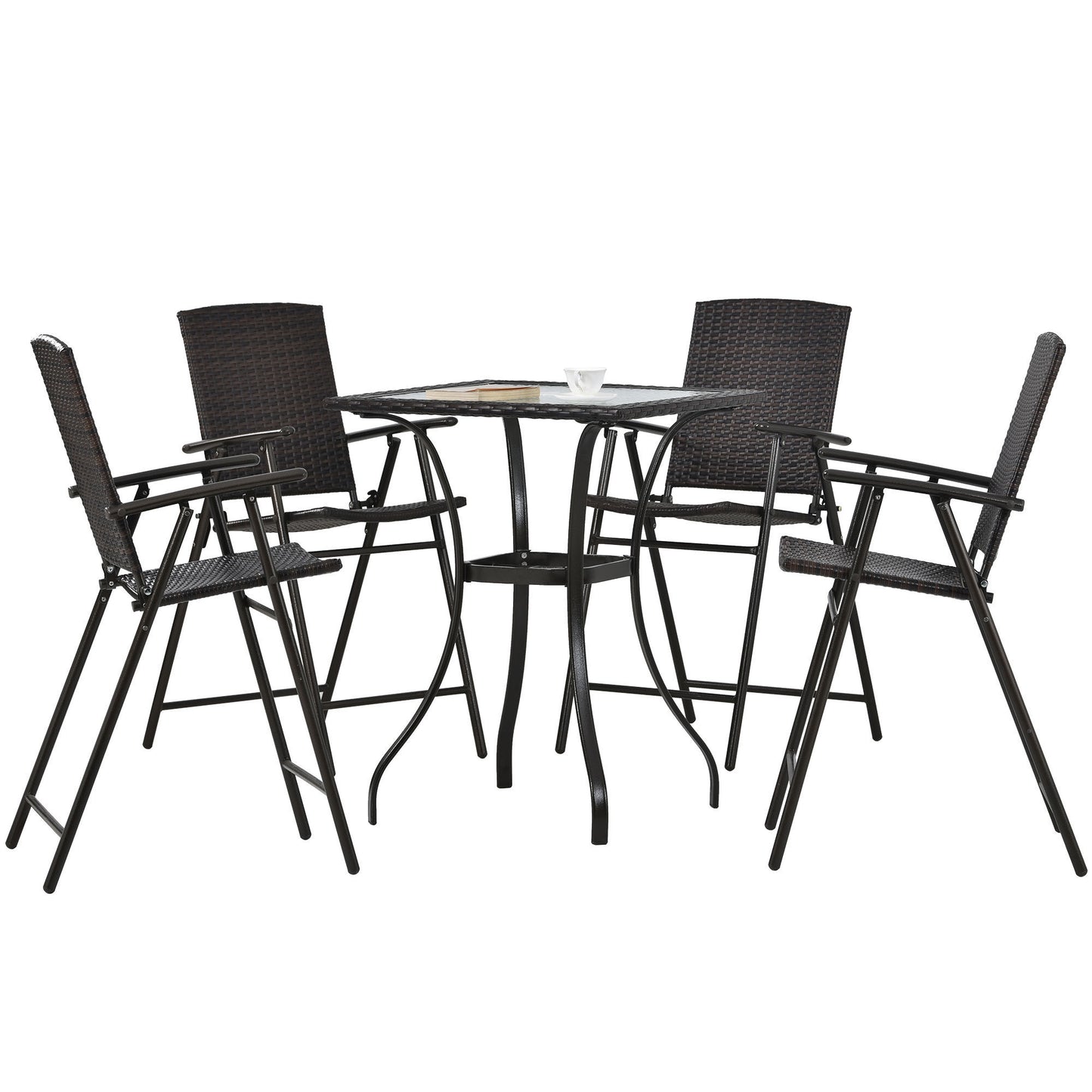 TOPMAX Outdoor Patio PE Wicker 5-Piece Counter Height Dining Table Set with Umbrella Hole and  4 Foldable Chairs, Brown