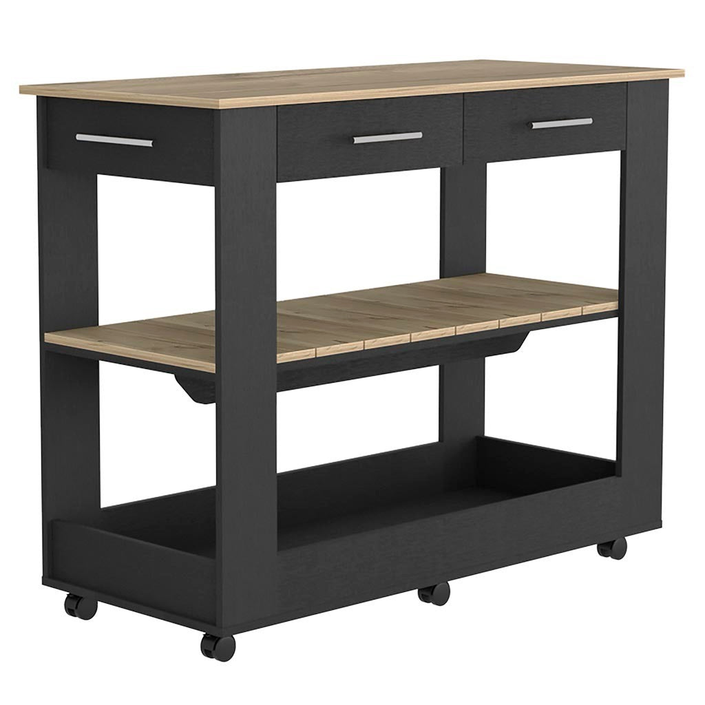 Kitchen Island 46 Inches Dozza, Two Drawers, Black Wengue / Light Oak Finish