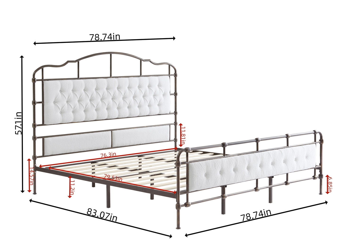 King/Queen Size Metal Platform Bed with Upholstered Headboard and Tail